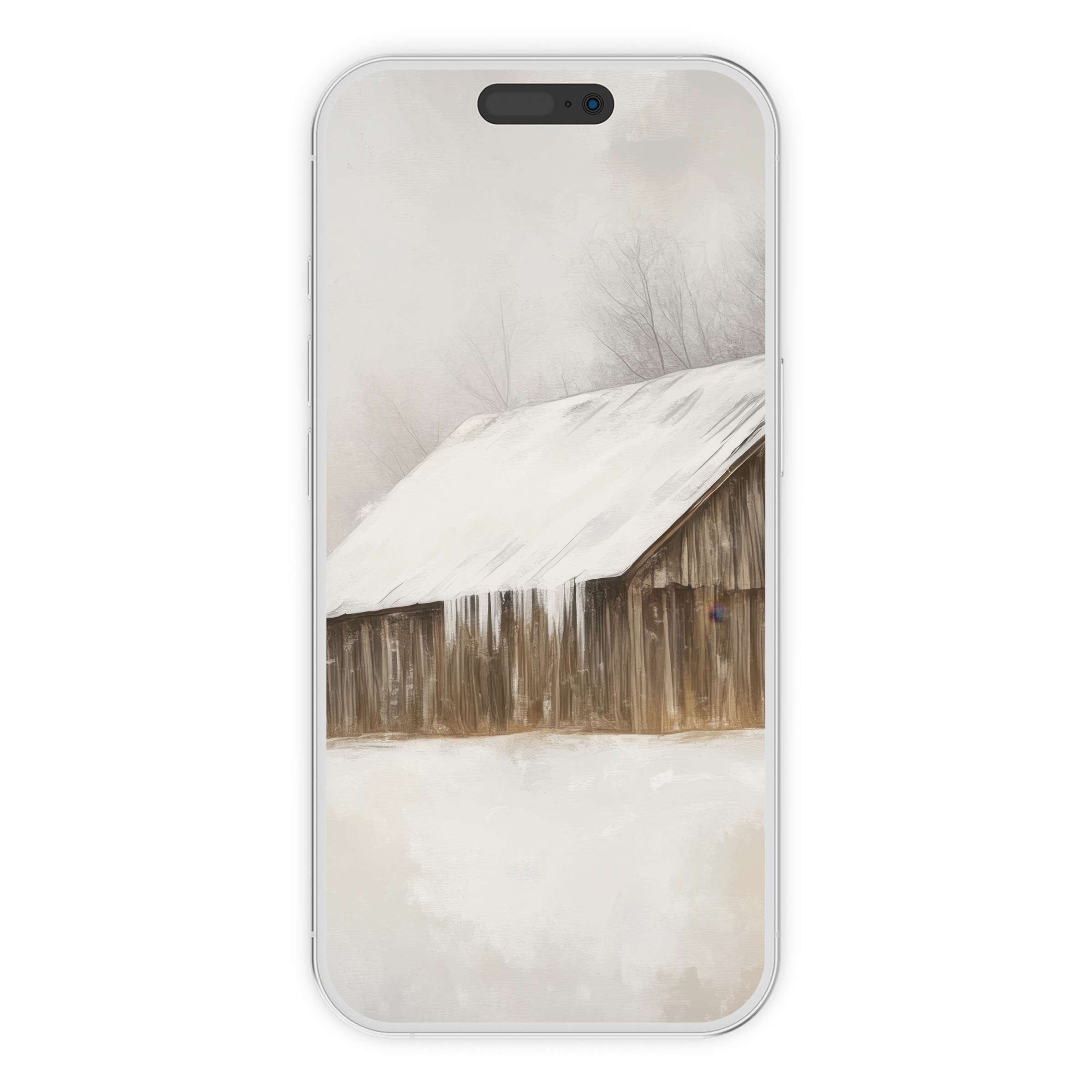 Elegant winter iPhone wallpaper featuring a serene snow-covered barn landscape, perfect as a digital download for phone backgrounds