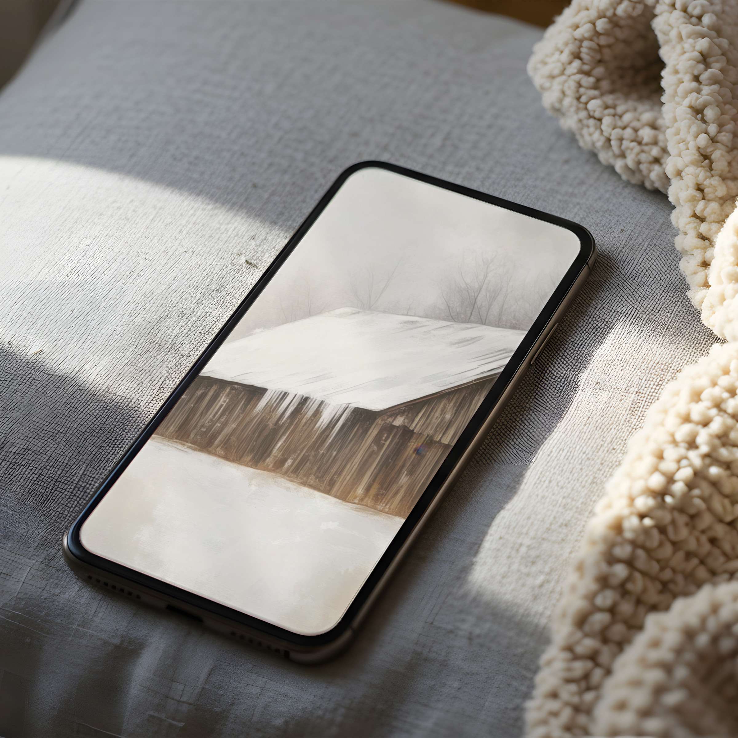 Serene winter barn phone wallpaper with muted tones offers soothing charm for curated iPhone and Android screens high resolution download