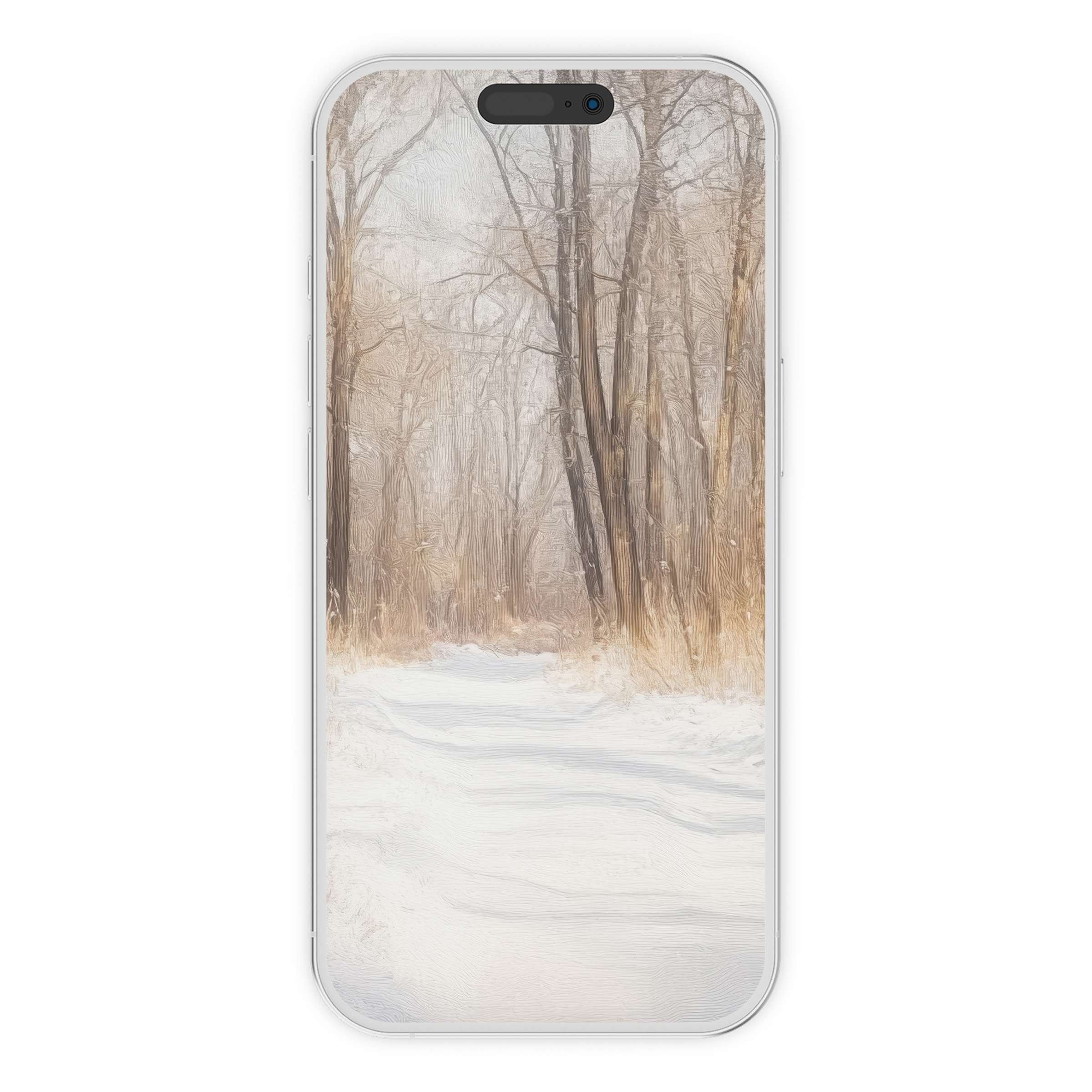 Elegant winter iPhone wallpaper featuring a serene snowy pathway through bare trees in soft tones, perfect phone background digital download