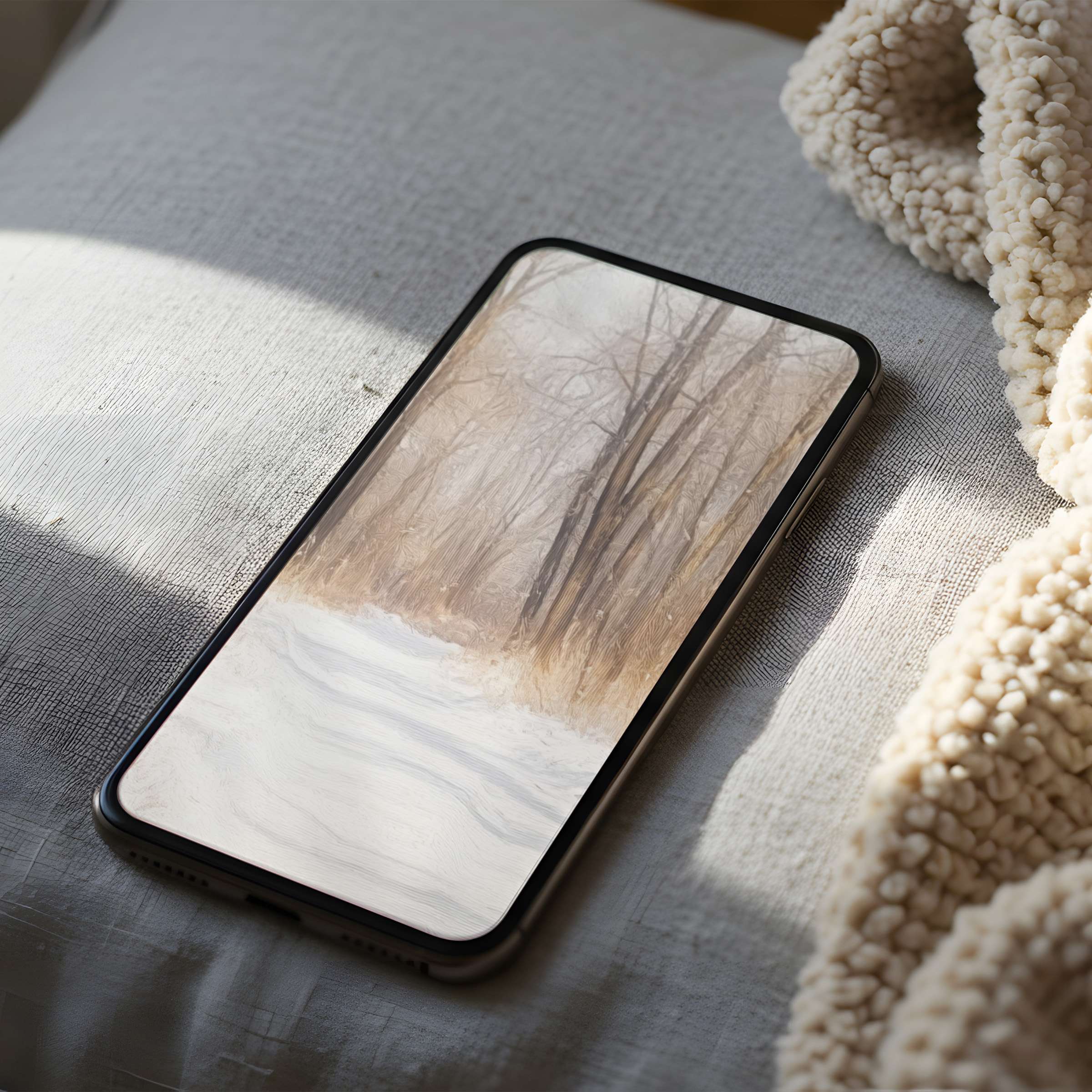 Elegant winter landscape phone wallpaper featuring serene snow-covered trees in soft hues suitable for iPhone and Android download