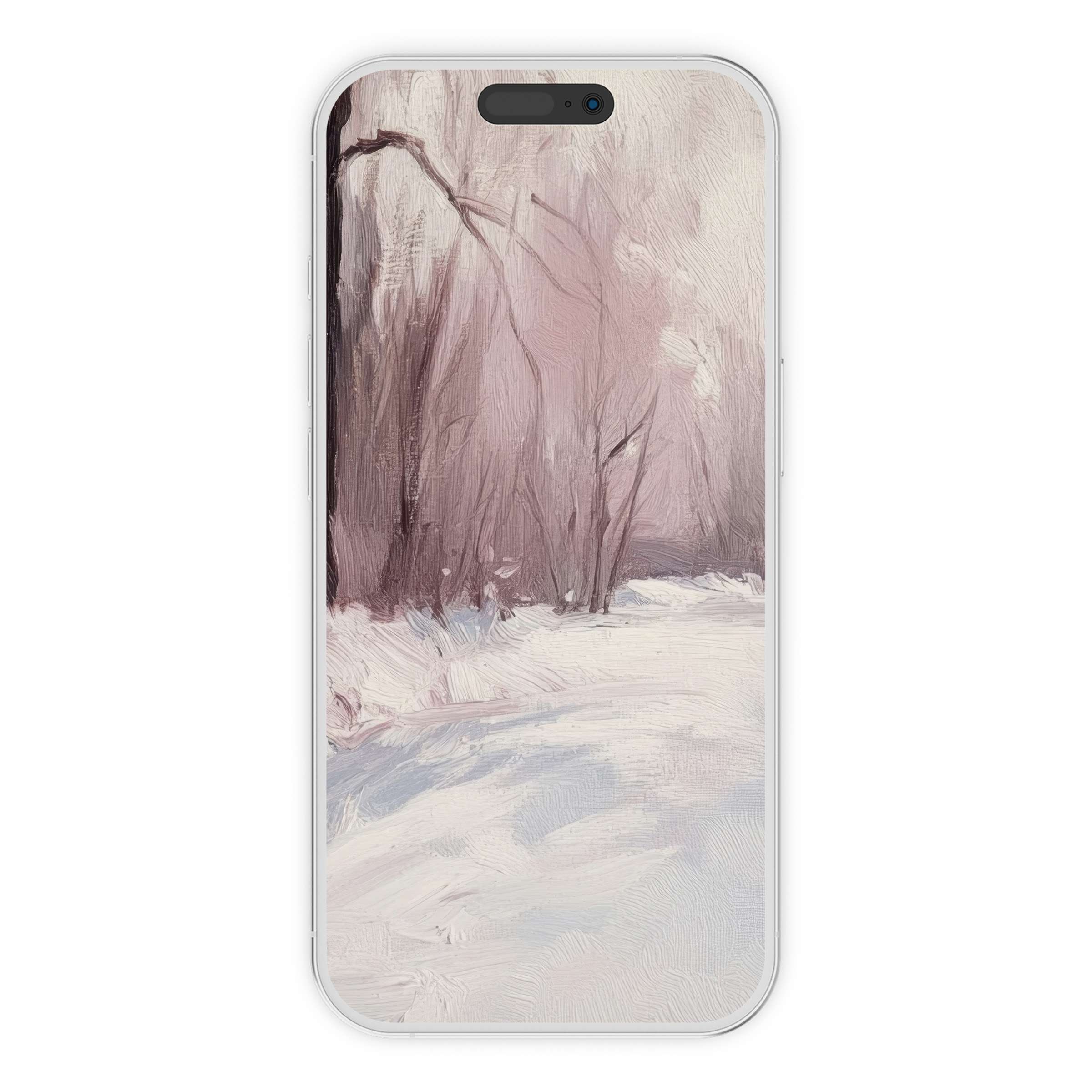 Dreamy winter iPhone wallpaper featuring serene snow-covered trees with pastel hues for an elegant phone background digital download