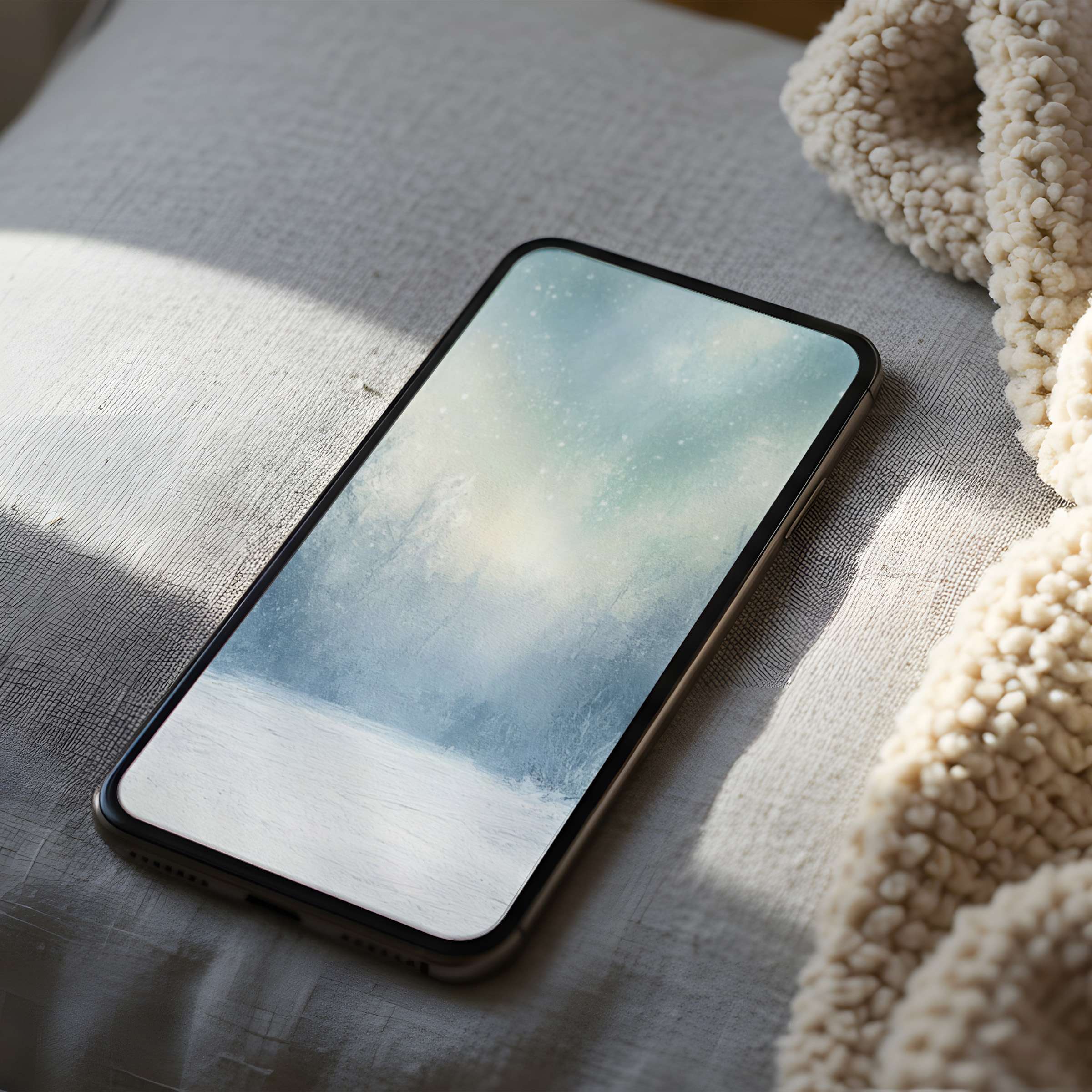 Elegant snowy landscape phone wallpaper with serene blues and whites perfect for iPhone high resolution digital download enhancing tranquility