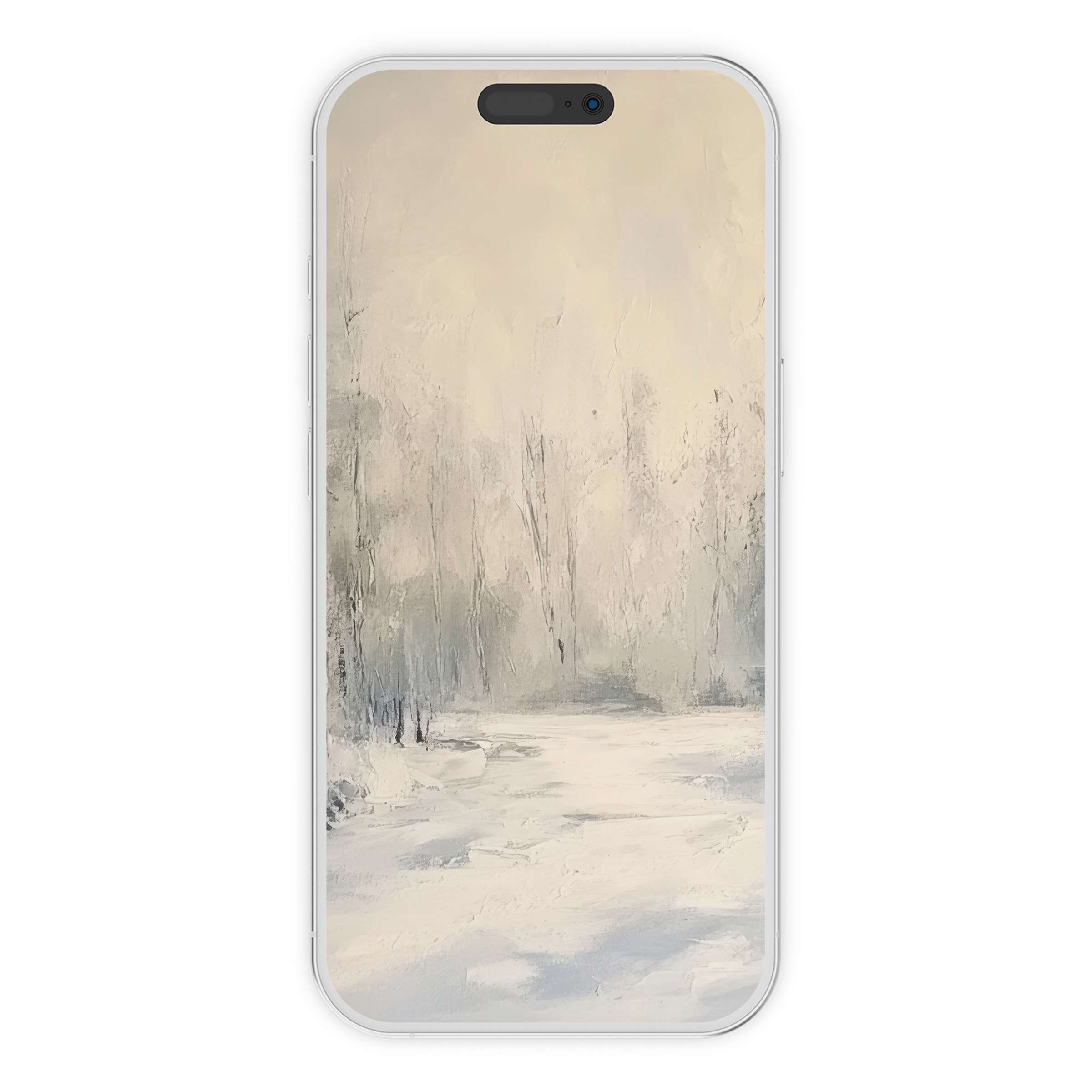 Elegant winter iPhone wallpaper with serene snow-covered landscape, perfect digital download for calming phone background aesthetics