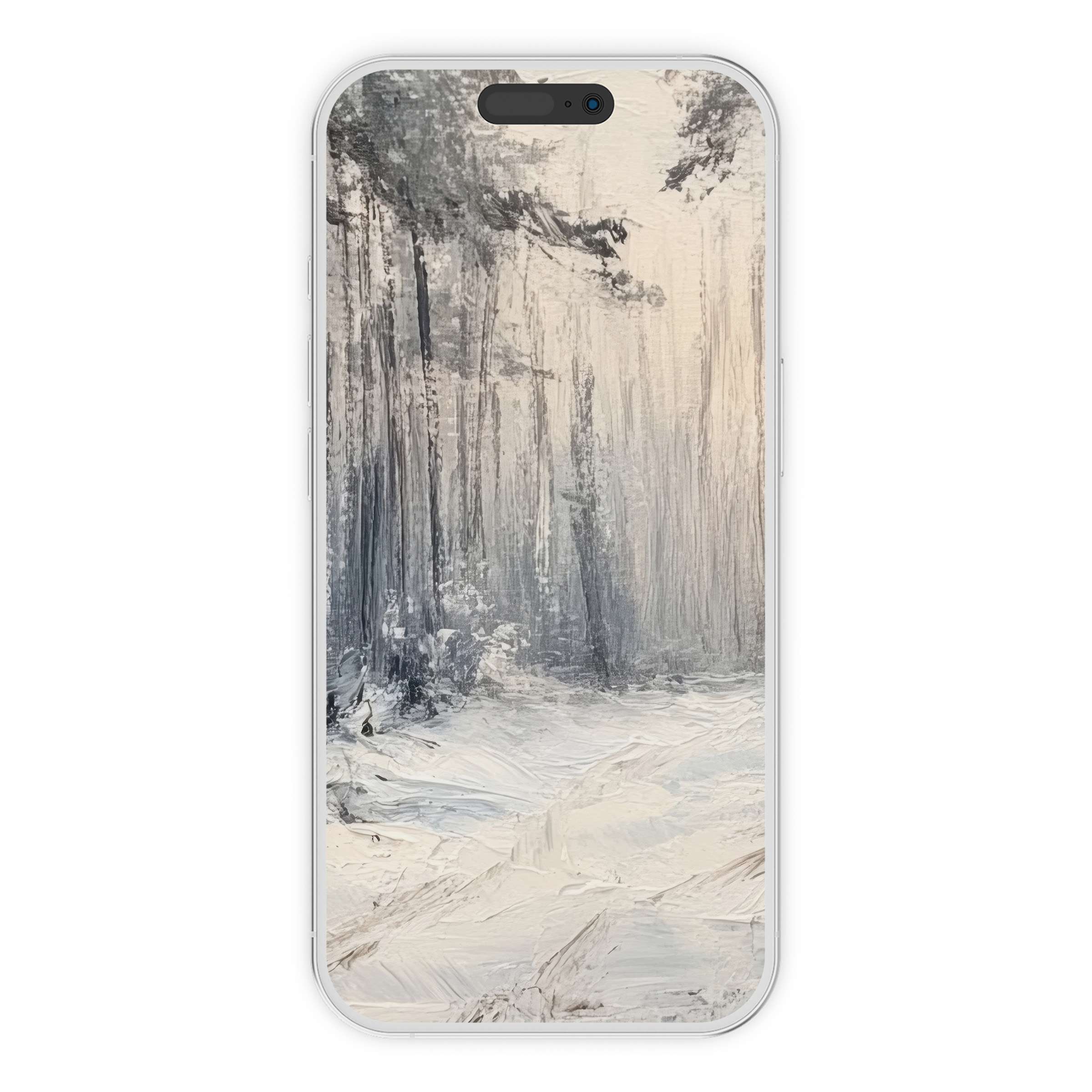 Winter iPhone wallpaper showcasing a serene snow-laden forest in pastel hues, perfect digital download for phone backgrounds