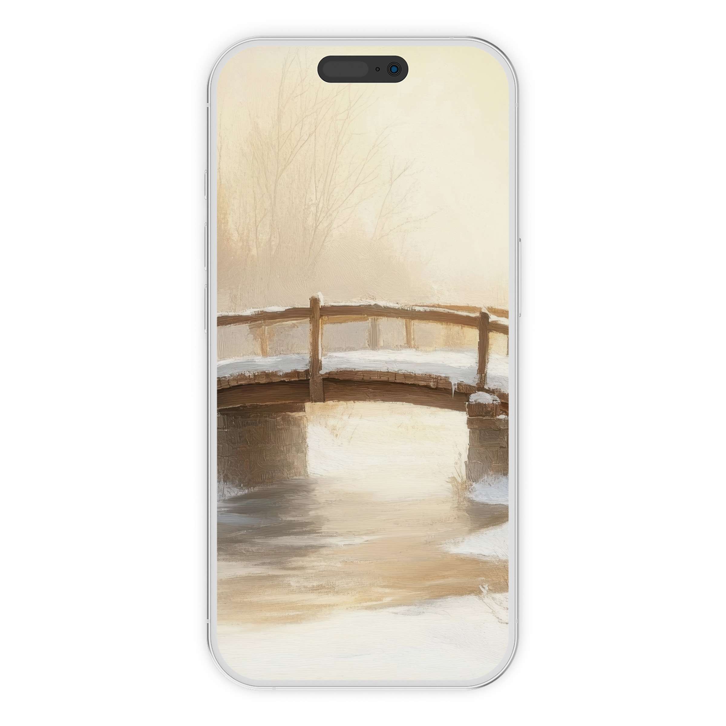 Serene winter iPhone wallpaper featuring a snow-covered bridge and tranquil water, ideal phone background for elegant digital download use