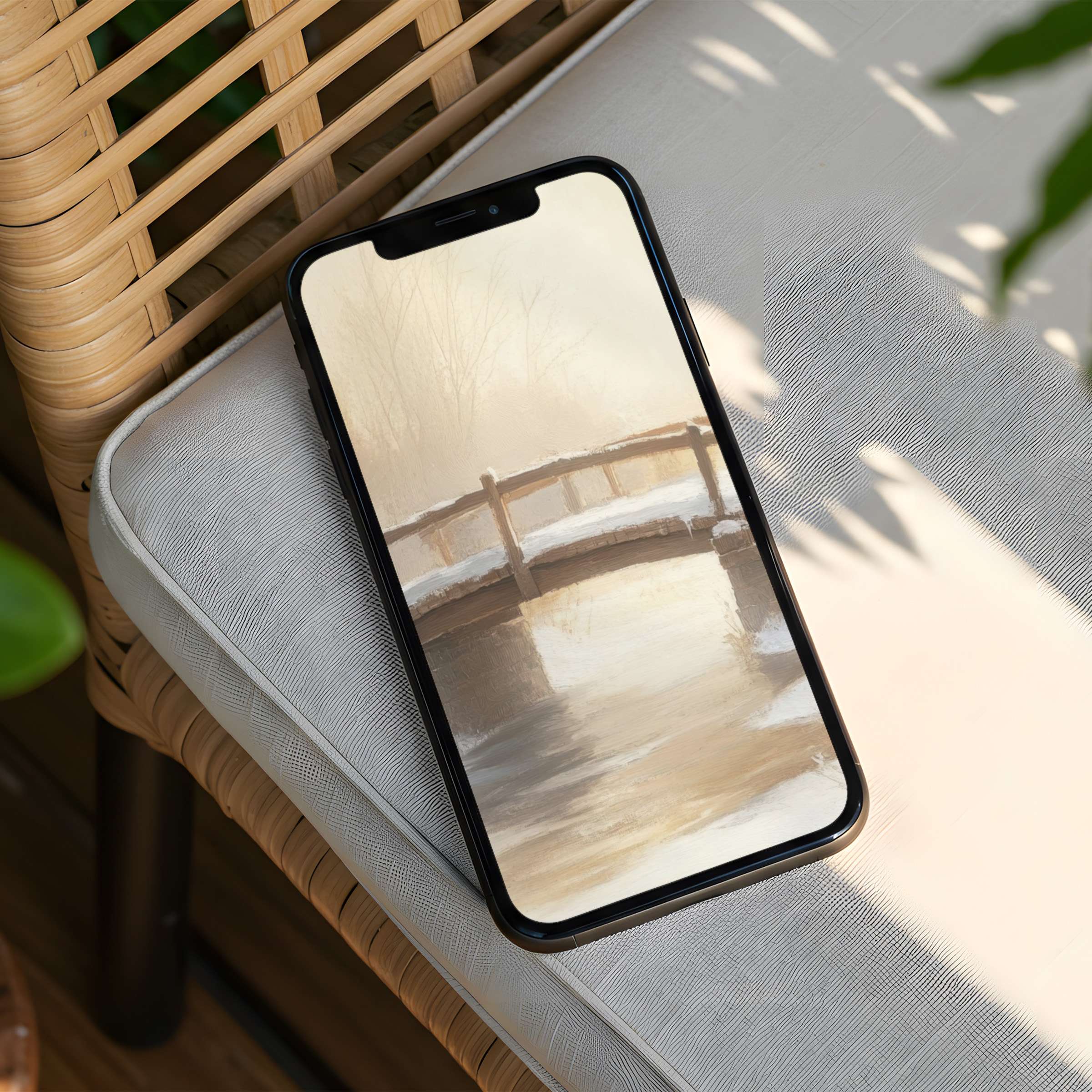Elegant iPhone background featuring a serene snowy bridge painting for instant download; fits all phone models to inspire calm