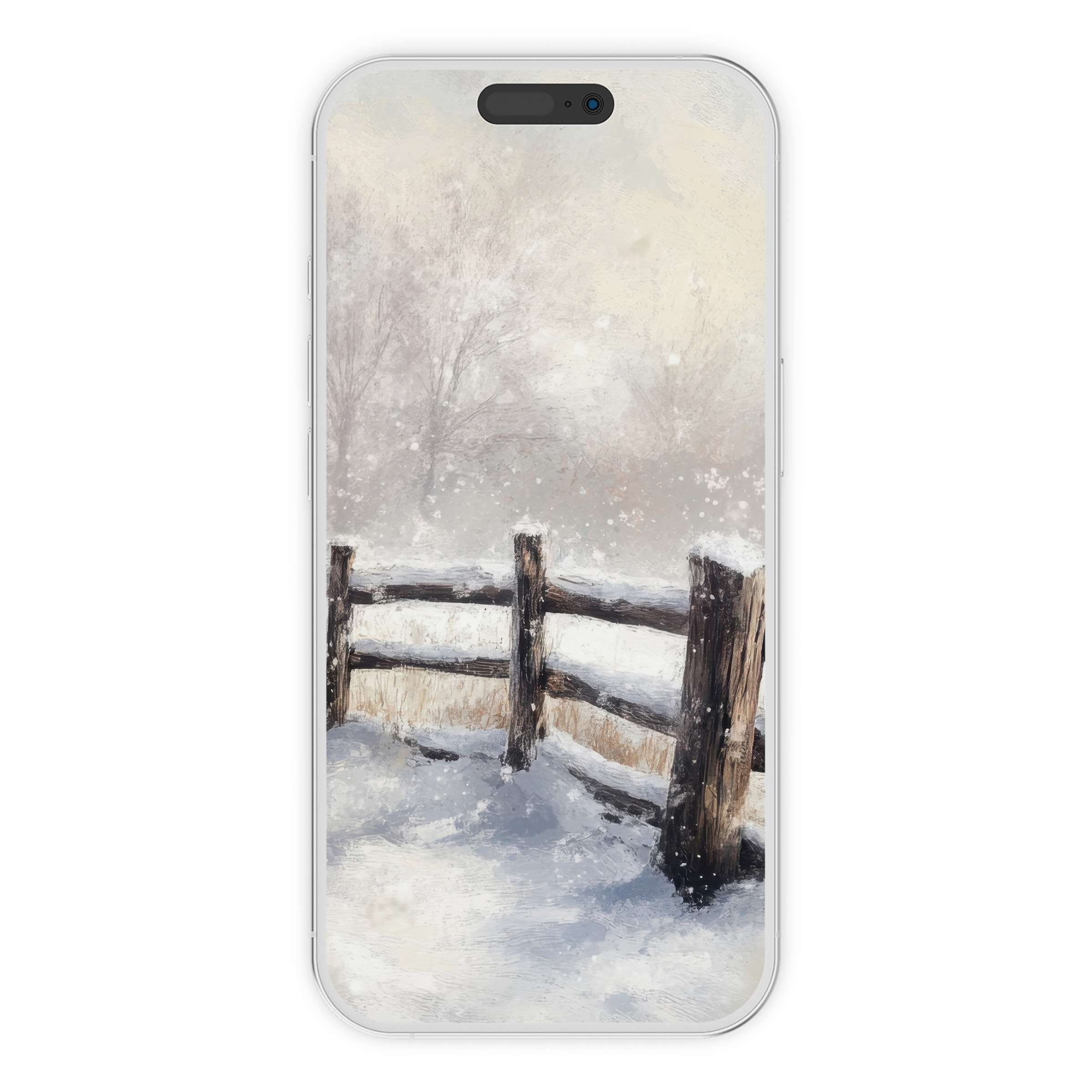 Winter iPhone wallpaper showcasing a serene snowy landscape with a rustic fence for an elegant phone background digital download option