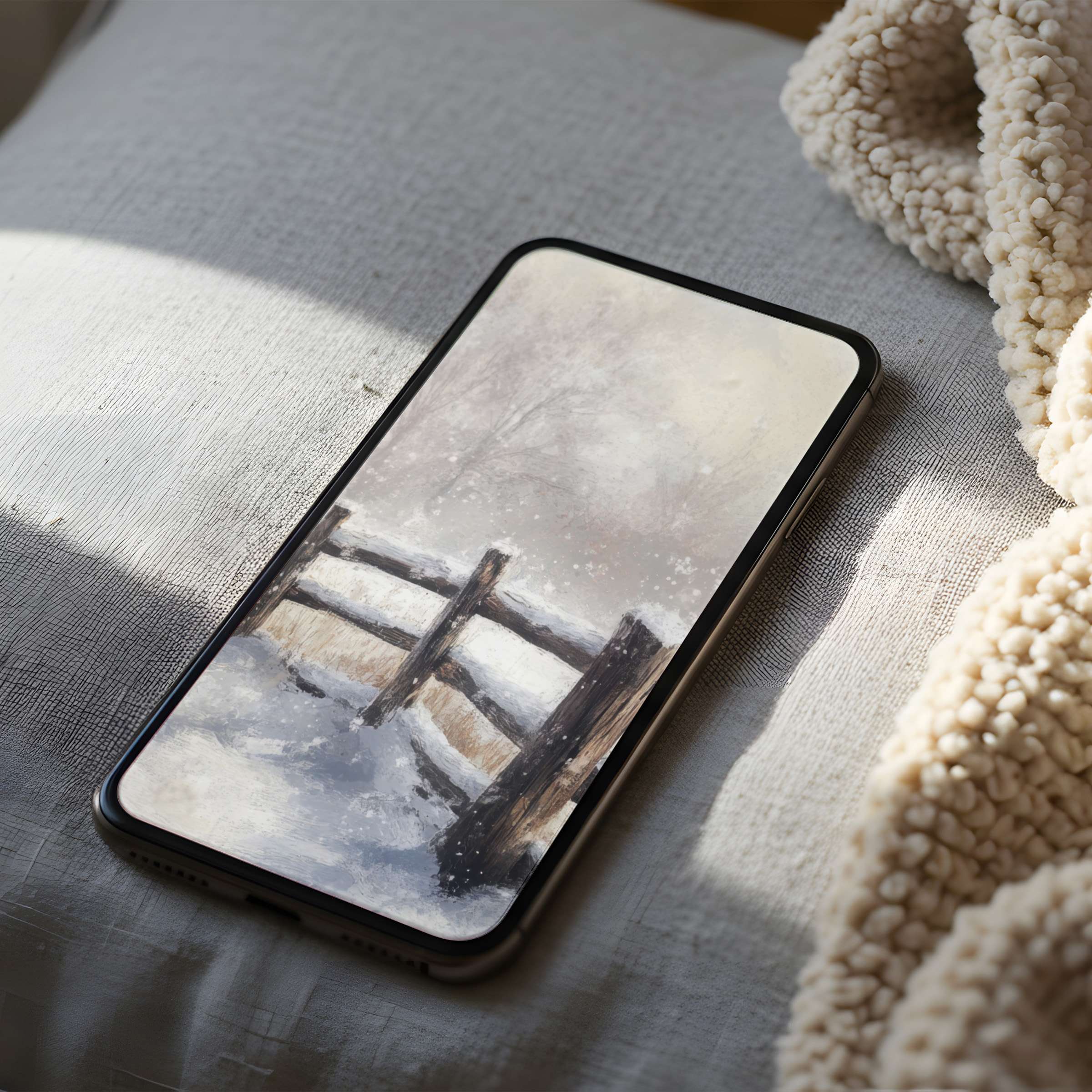 Elegant winter scene phone wallpaper with a snowy fence in high resolution for iPhone and Android phones digital download