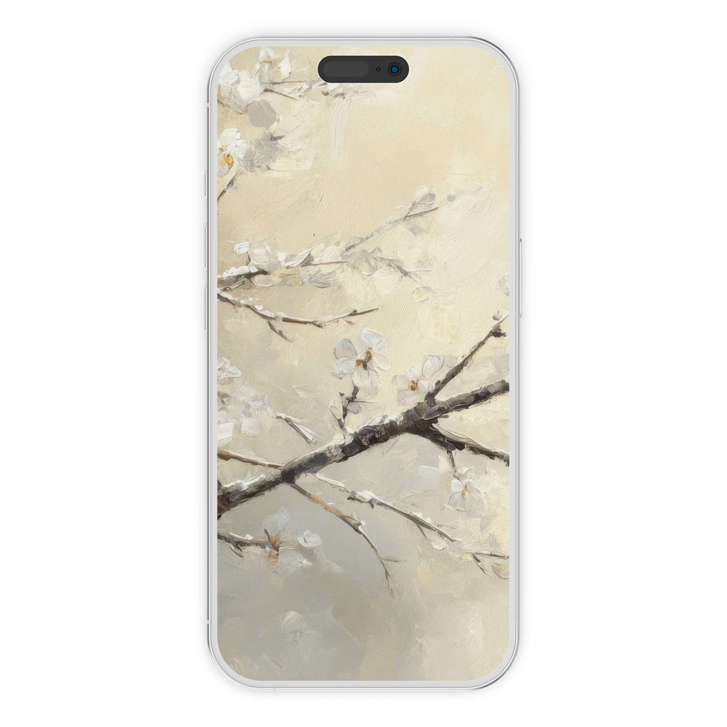 Elegant winter iPhone wallpaper showcasing minimalistic snowy branches, offering a serene phone background for digital download and sustainability
