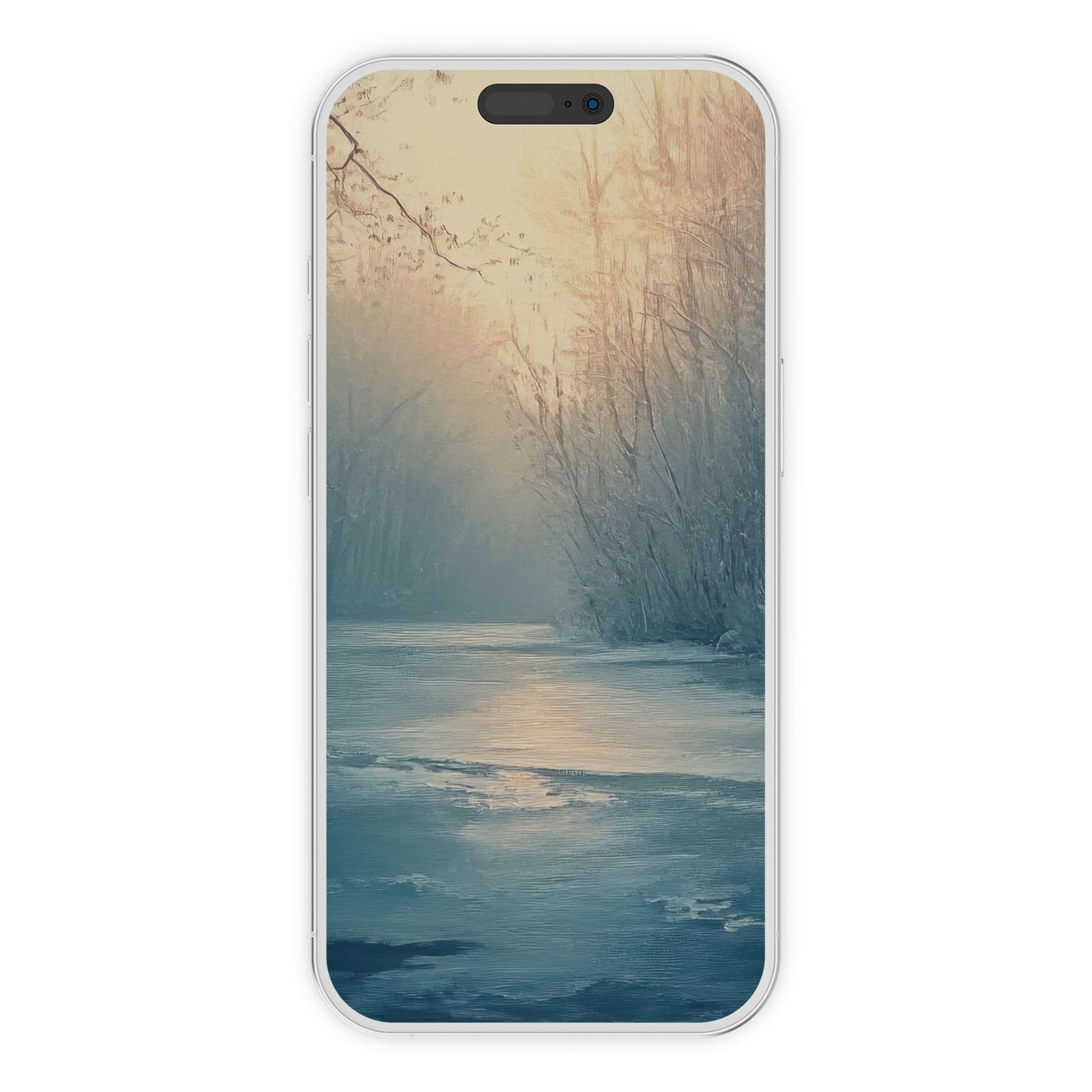 Elegant winter iPhone wallpaper featuring a serene snowy landscape, perfect phone background as a calming digital download option
