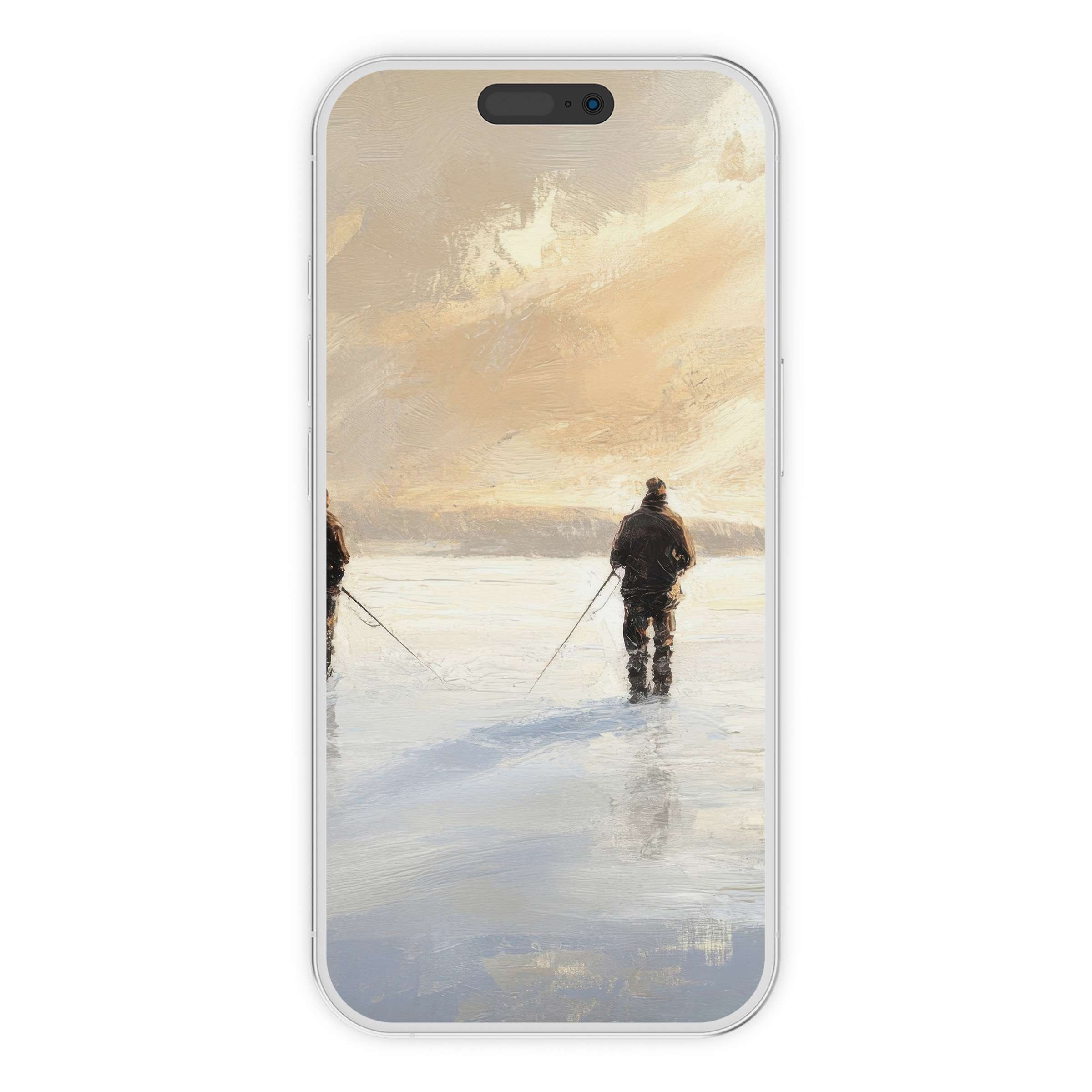 Winter iPhone wallpaper showcasing serene figures skiing on icy lake, offering elegant phone background for digital download and style