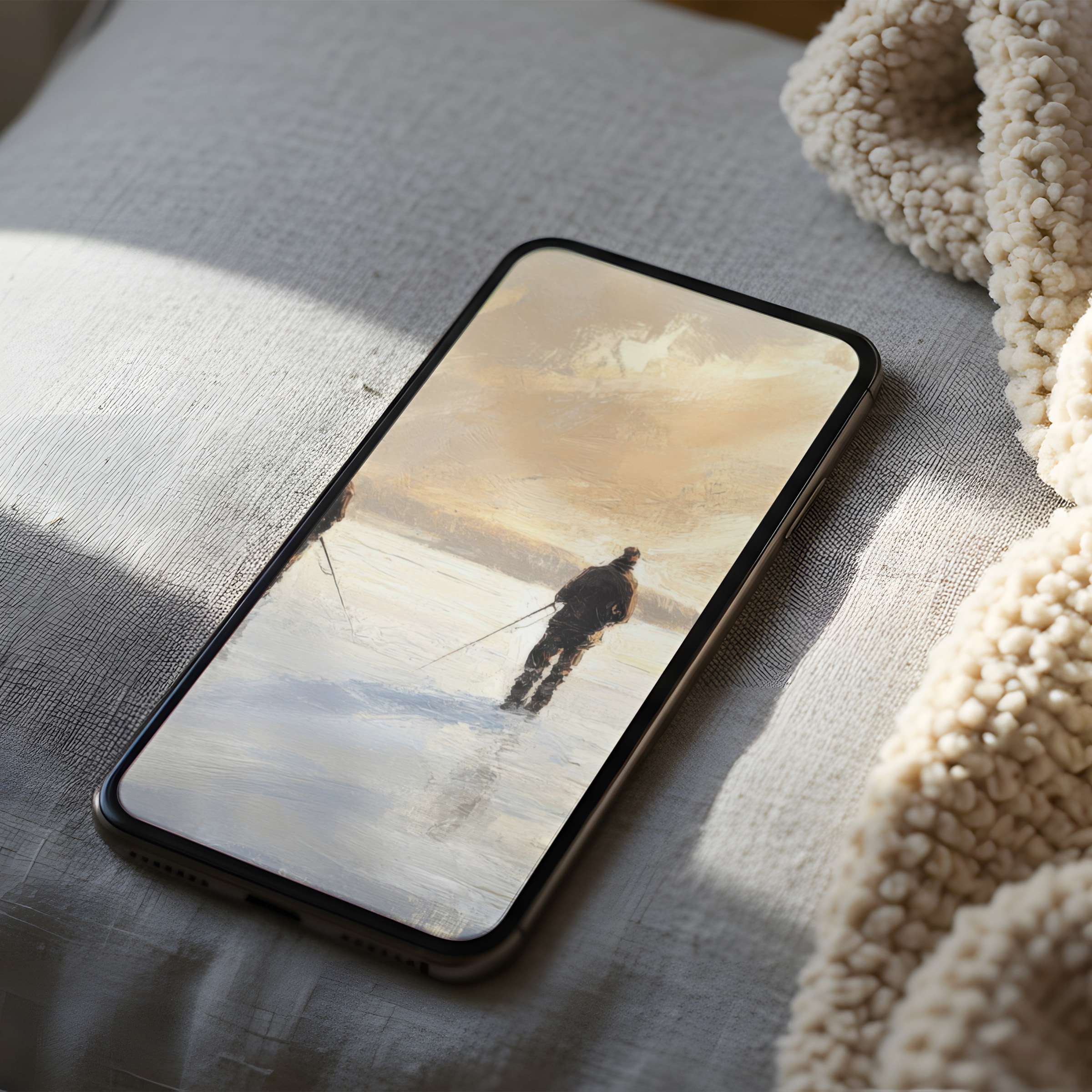 Elegant phone wallpaper featuring a serene winter landscape painting evokes calm perfect for iPhone and android digital downloads