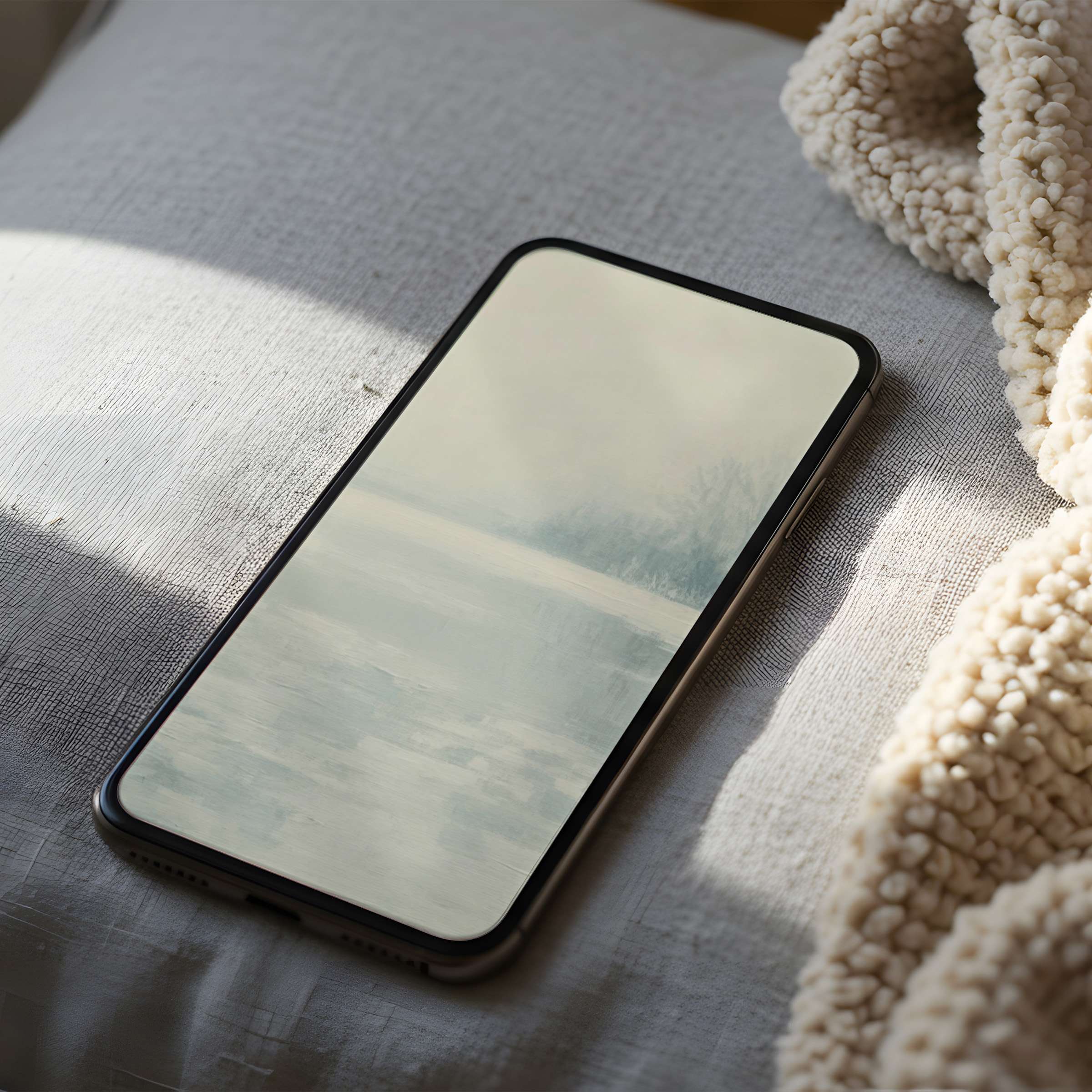 Elegant phone wallpaper featuring a serene, misty landscape in soft grays and blues perfect for high-resolution iPhone and Android screens