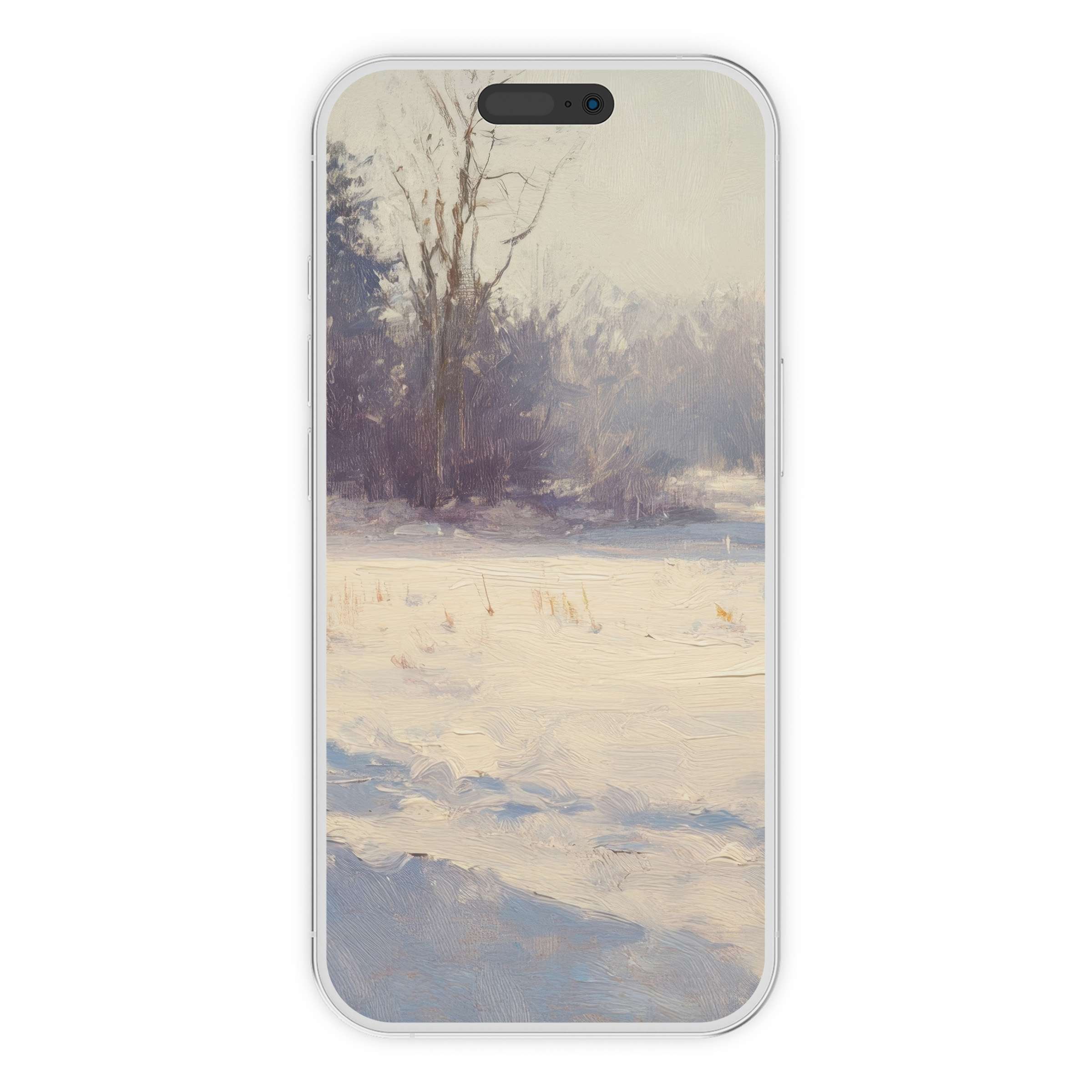 Winter iPhone wallpaper featuring a serene snowy landscape with trees in soft pastels, a calming phone background digital download