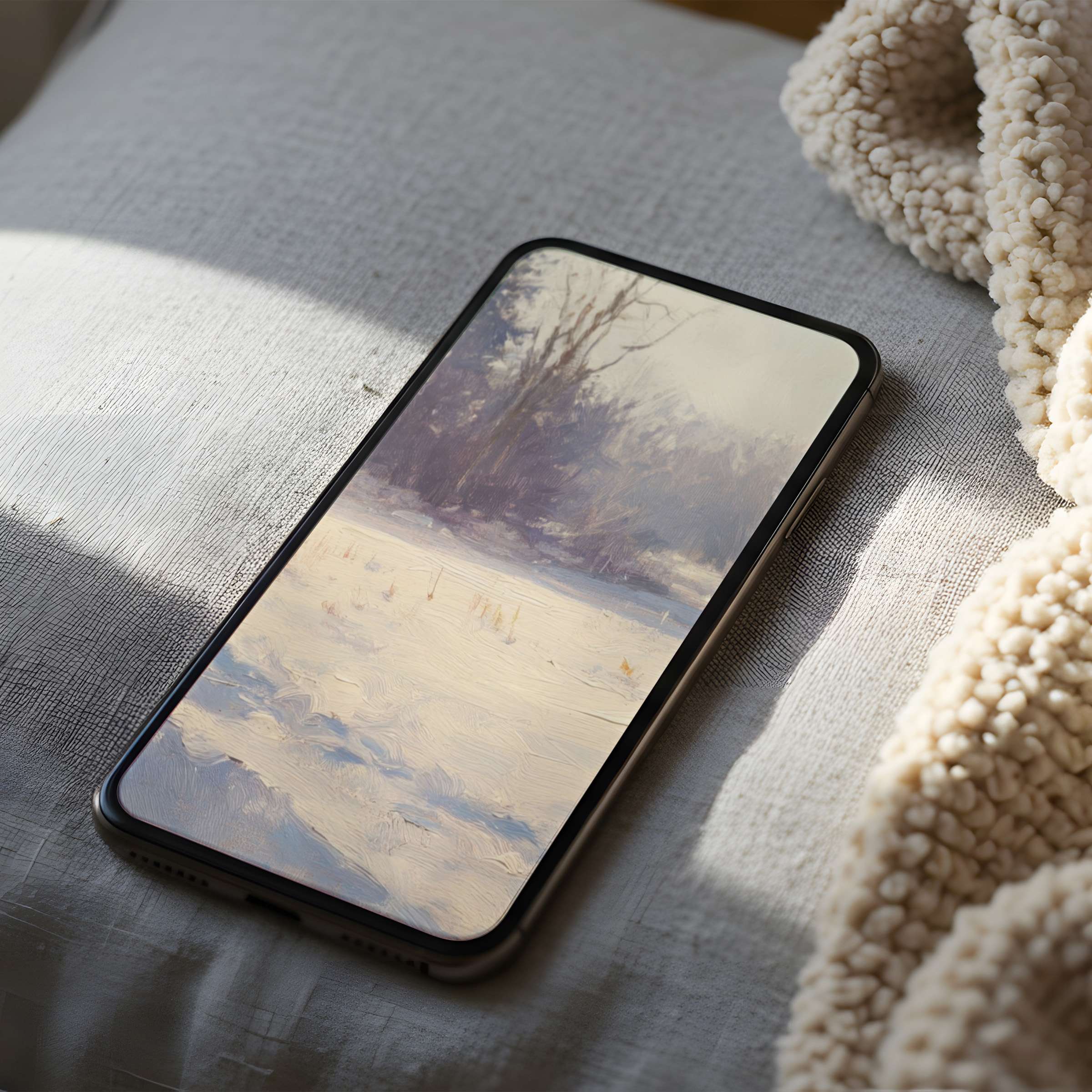 Elegant winter landscape phone wallpaper showing serene snowfields and trees in high resolution, perfect for iPhone and Android