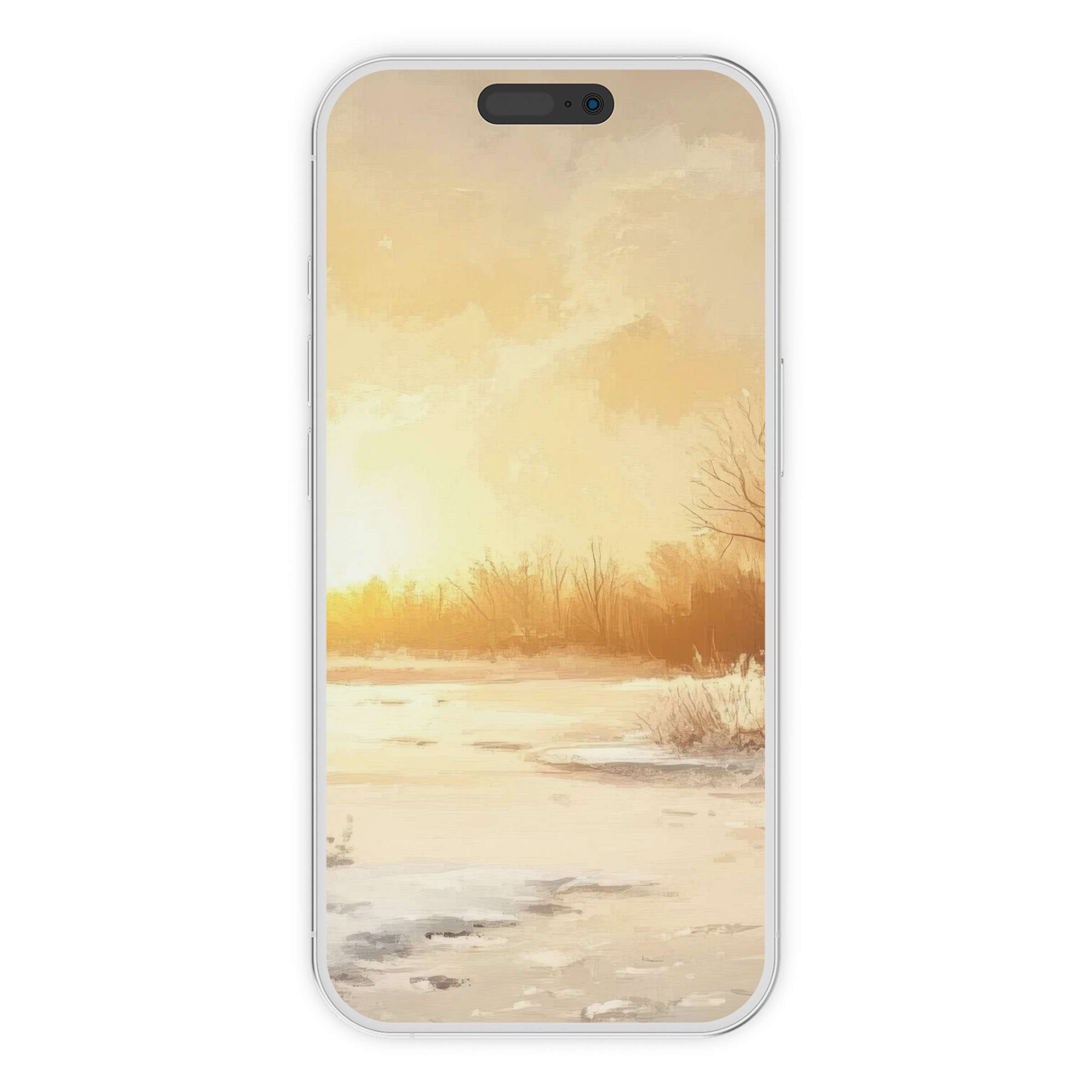 Warm sunset glow over a snowy landscape creates a serene winter iPhone wallpaper phone background digital download perfect for calm