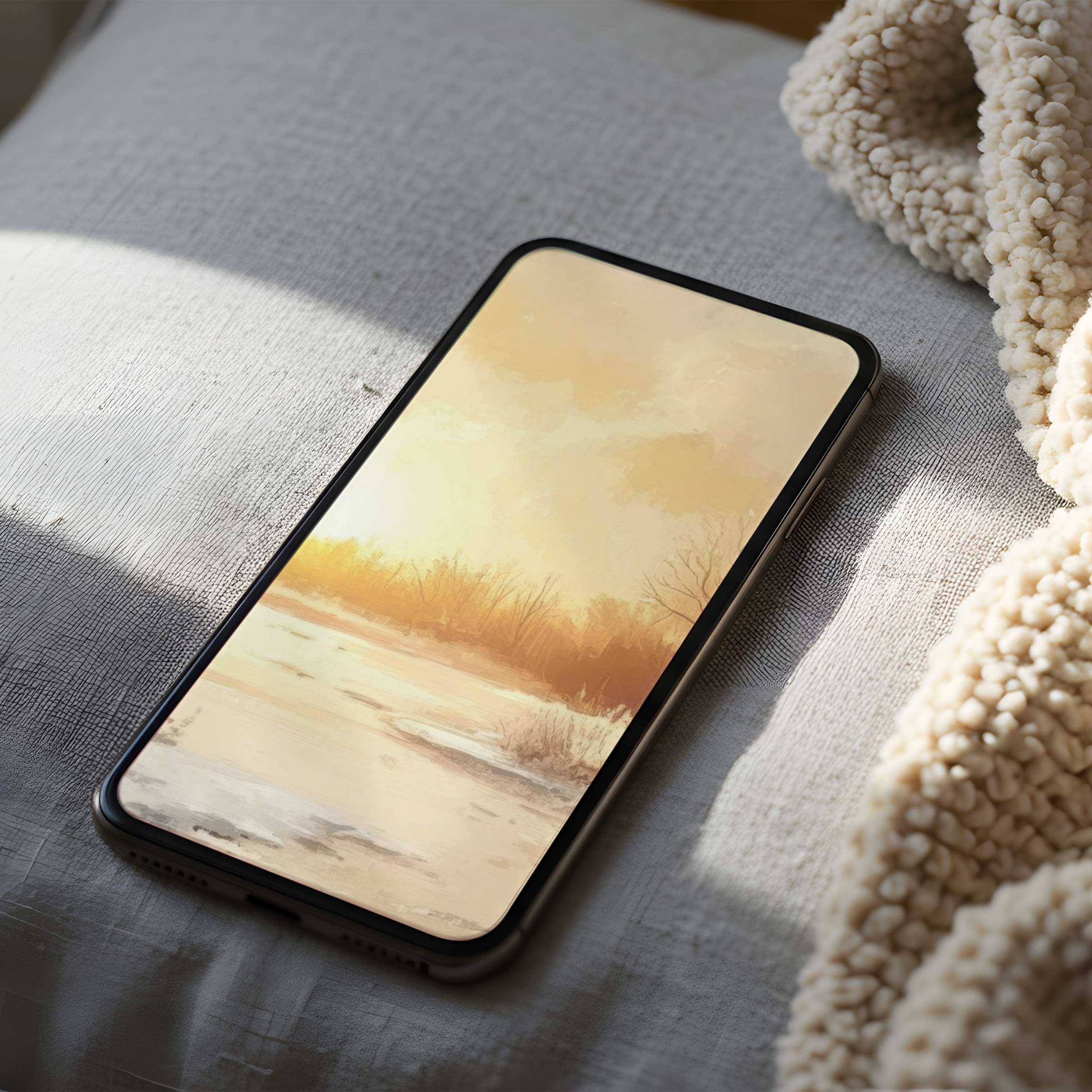 Warm serene landscape phone wallpaper with soft golden hues and minimalist style perfect for iPhone and Android digital download