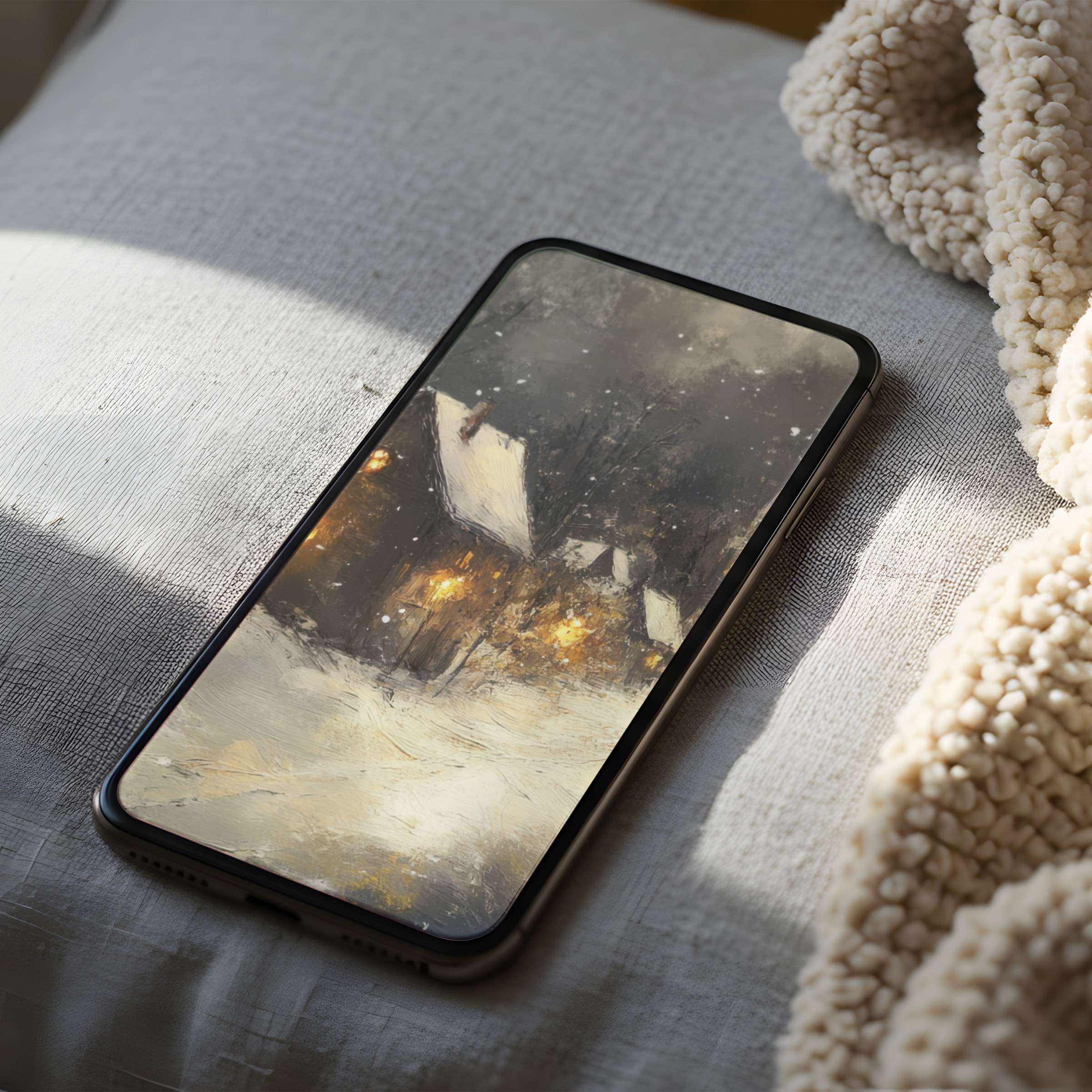 Cozy winter scene phone wallpaper in high resolution, blending elegance and tranquility for iPhone and Android digital download use