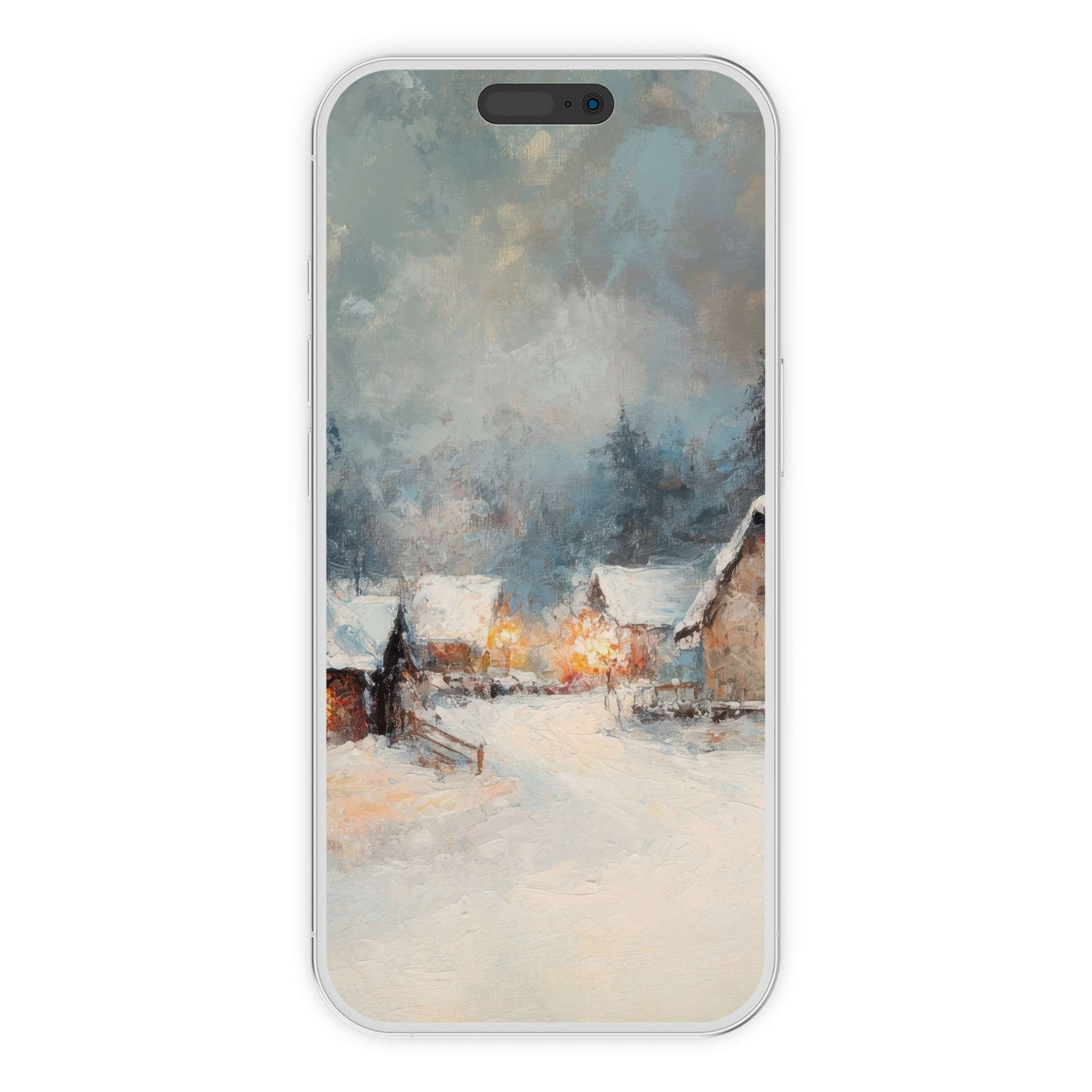Winter iPhone wallpaper features a serene village scene in soft pastels, an inspiring digital download for your phone background