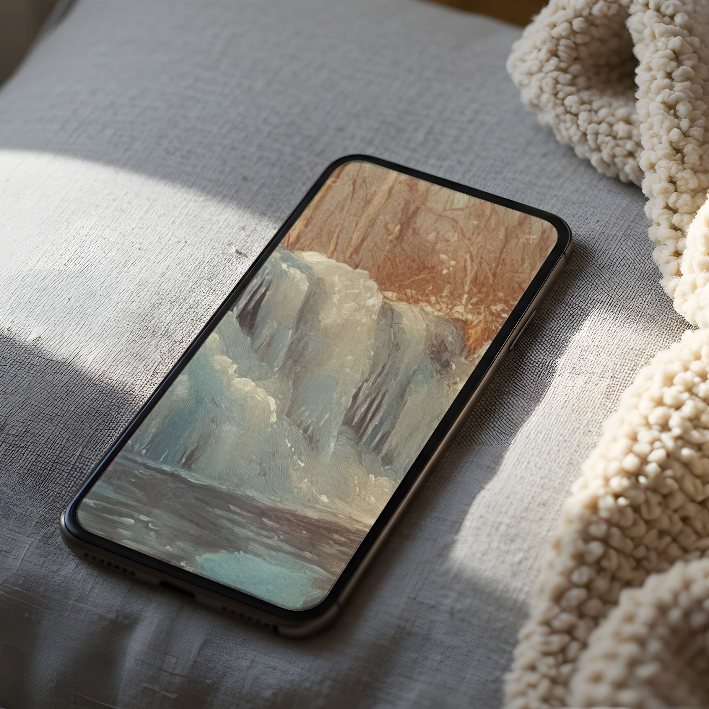 Elegant phone wallpaper featuring a serene waterfall painting in soft earth tones enhances any interior with calming digital art download