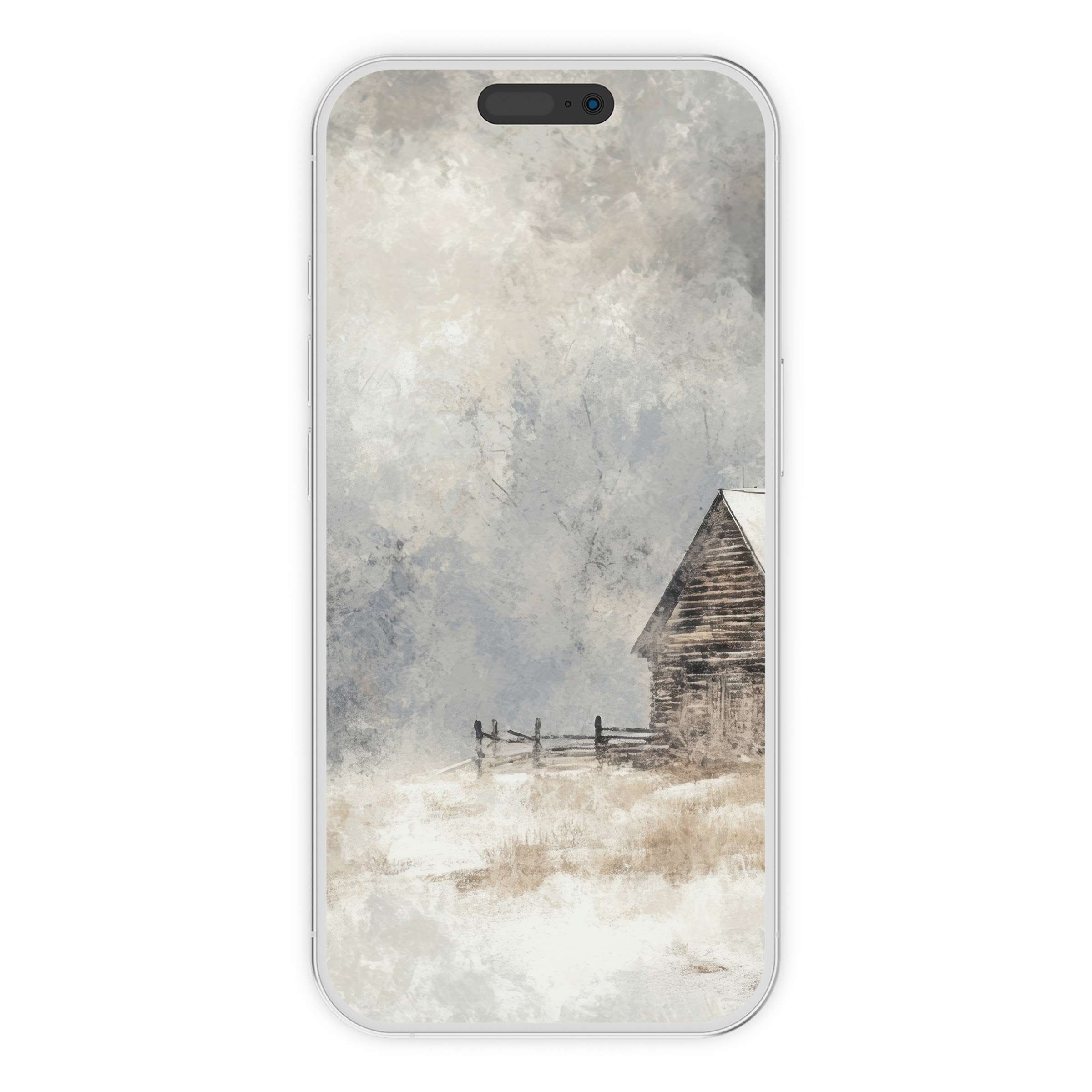 Winter iPhone wallpaper with serene rustic cabin and snowy landscape, perfect phone background for digital download and cozy vibes