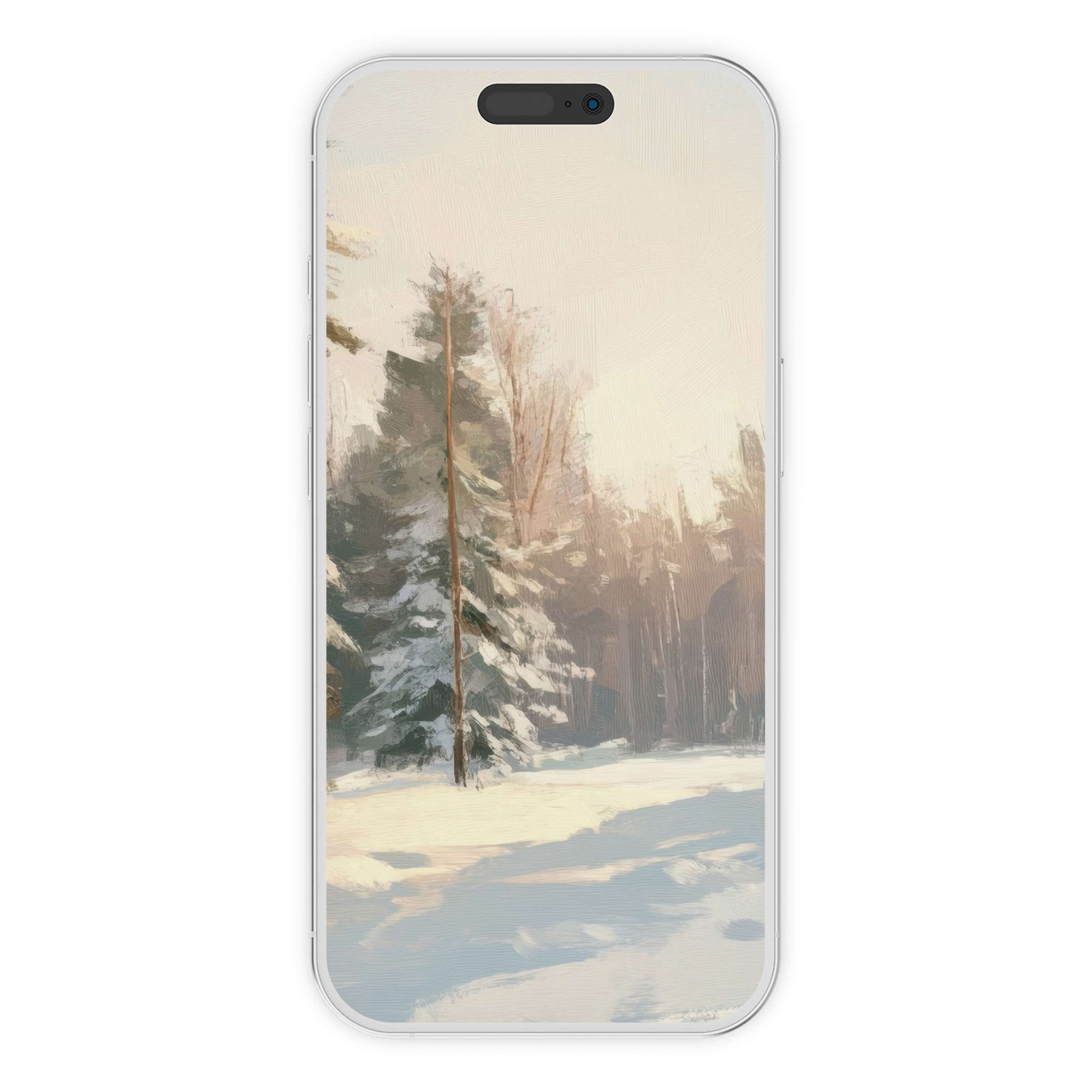 Elegant winter iPhone wallpaper with serene snow-covered forest scene offers an inspiring phone background for digital download on Android