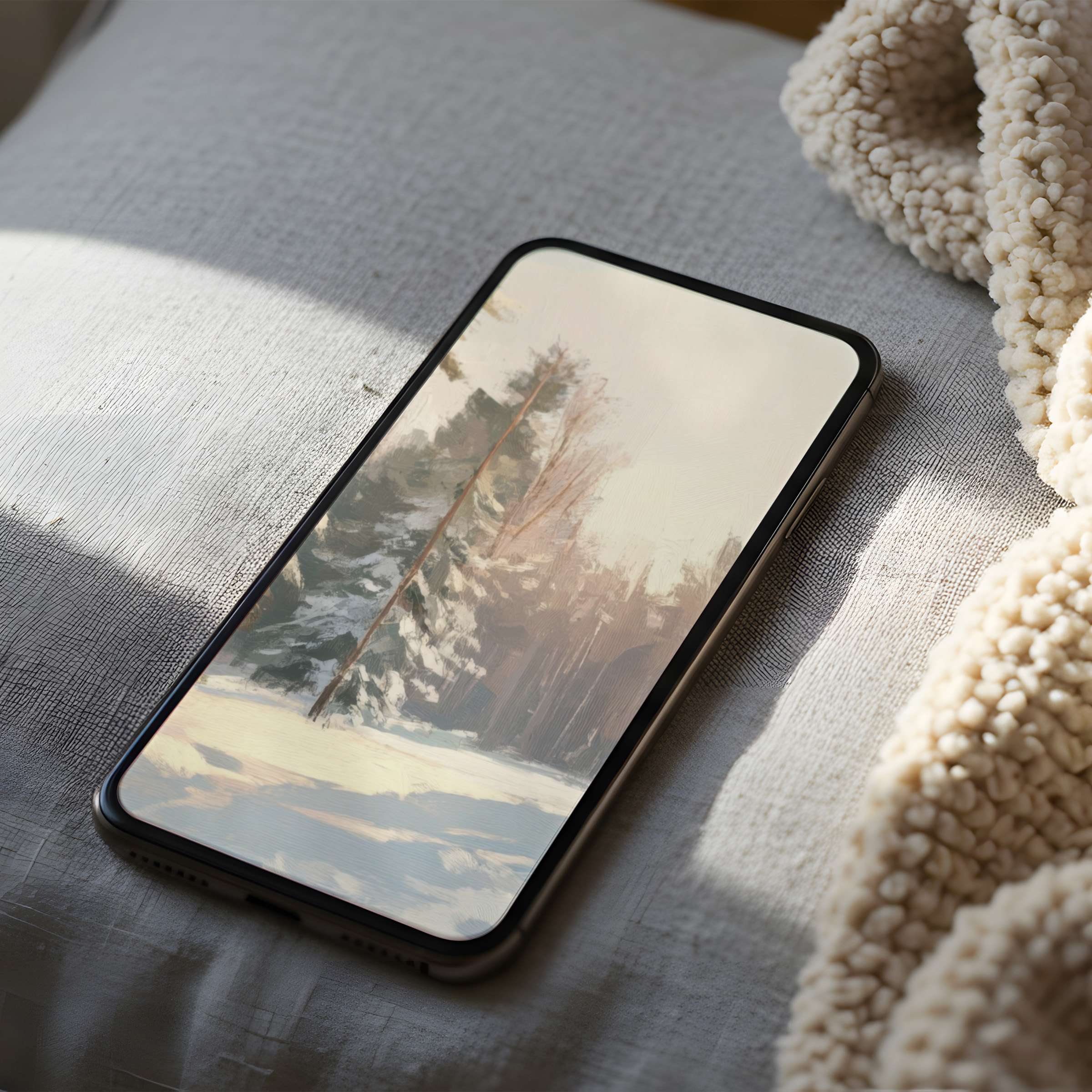 Snowy forest phone wallpaper in muted tones offers tranquility and elegance, suitable for high-resolution iPhone and android screens, digital download