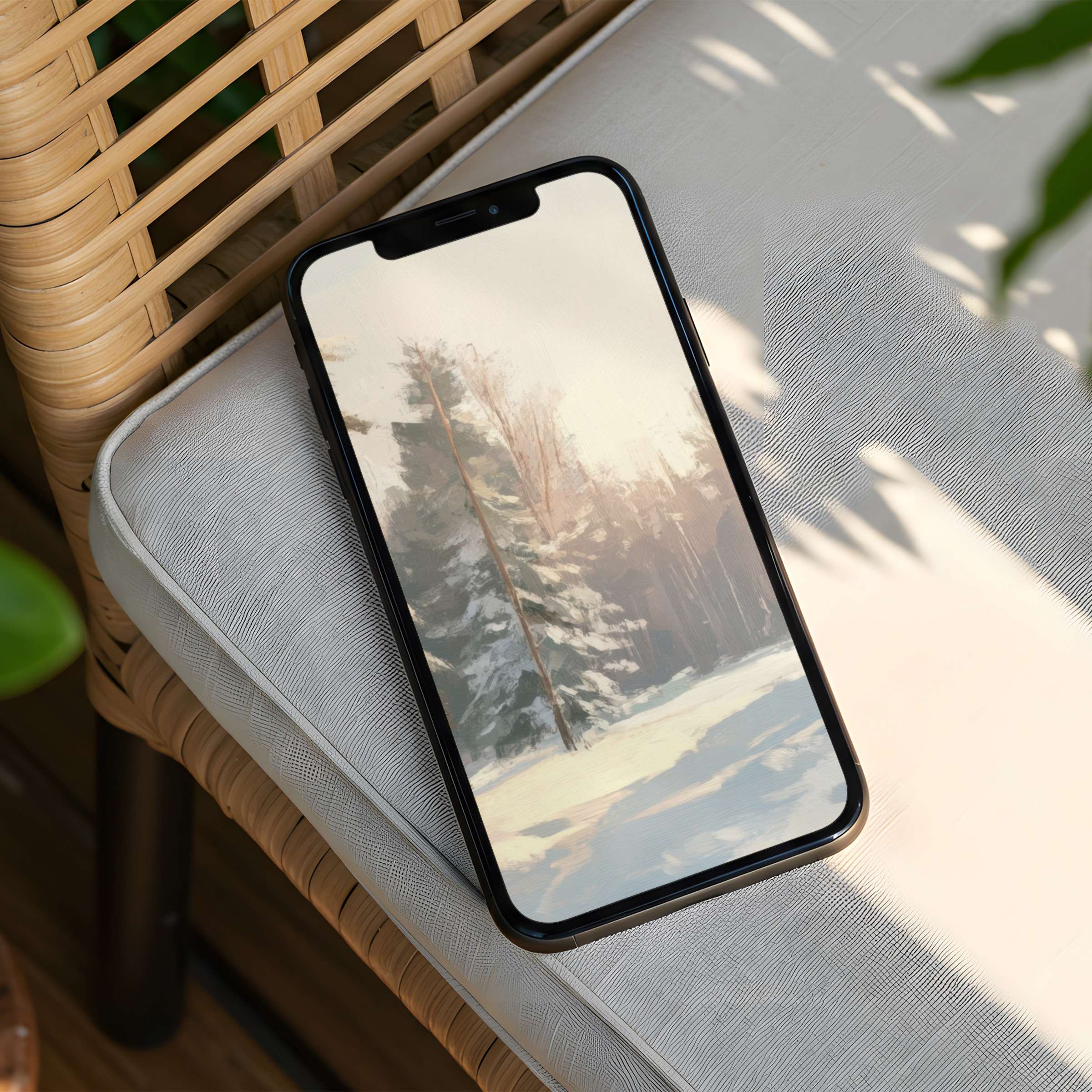 Elegant iPhone background of tranquil winter forest on phone screen offers instant download for calm, mindful inspiration