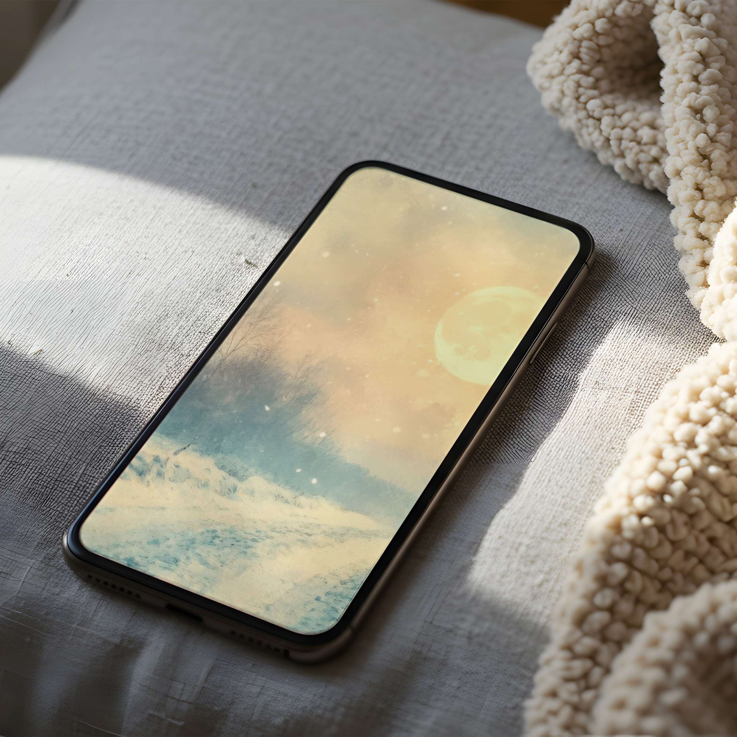 Elevate your space with this serene phone wallpaper featuring a dreamy winter landscape in high resolution, ideal for digital download