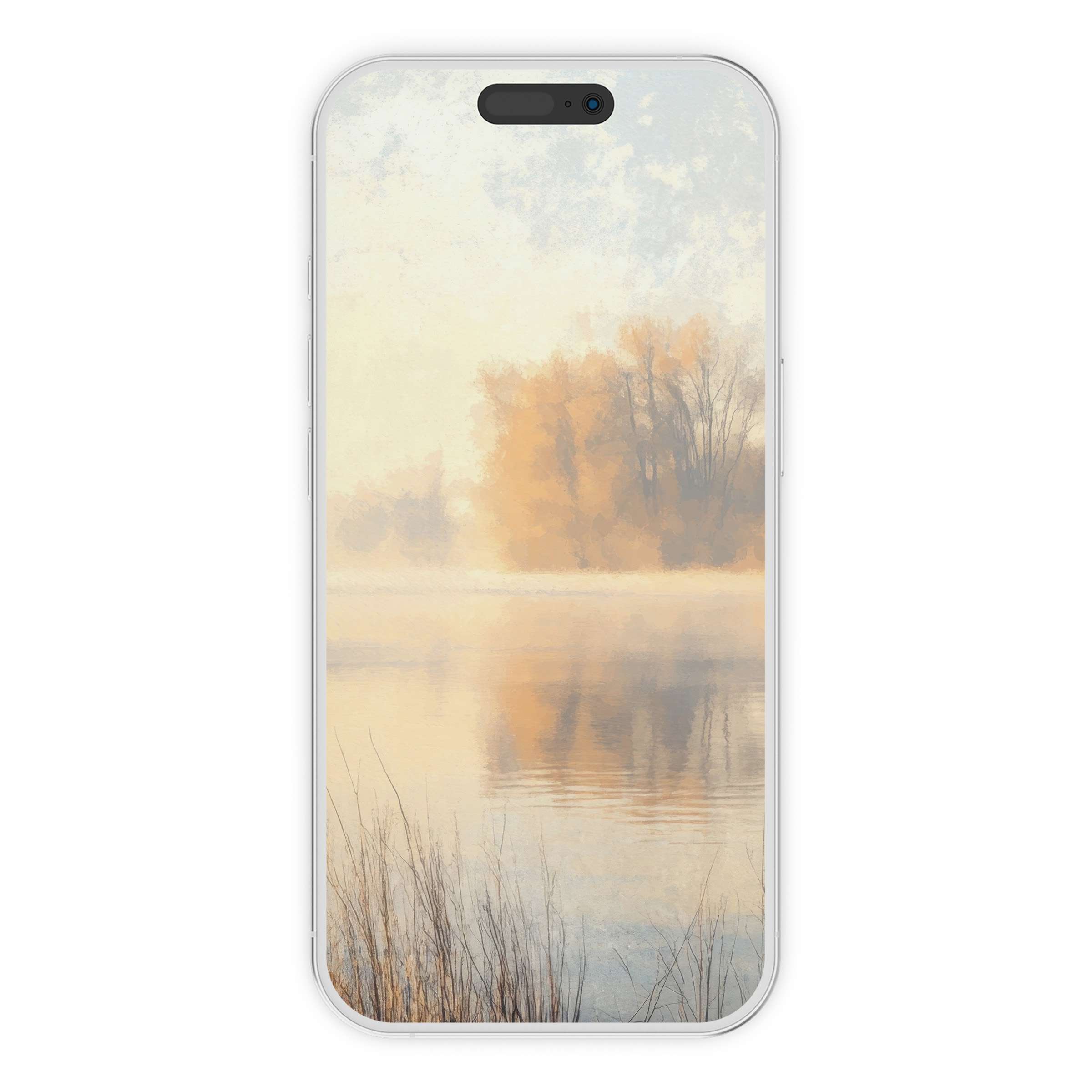 Serene winter iPhone wallpaper featuring a misty lake and golden trees, perfect digital download for calming phone backgrounds