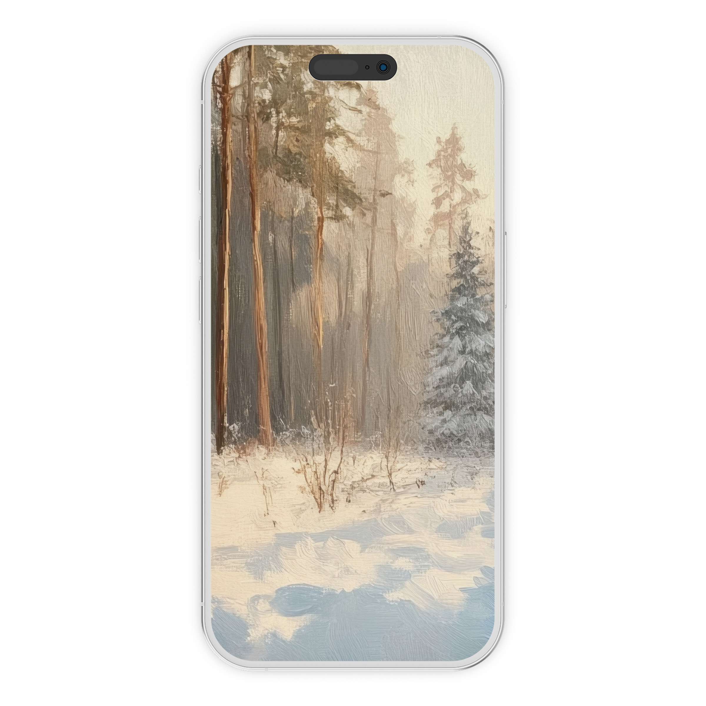Elegant winter iPhone wallpaper capturing serene snowy forest scene offers a calming phone background digital download for all devices