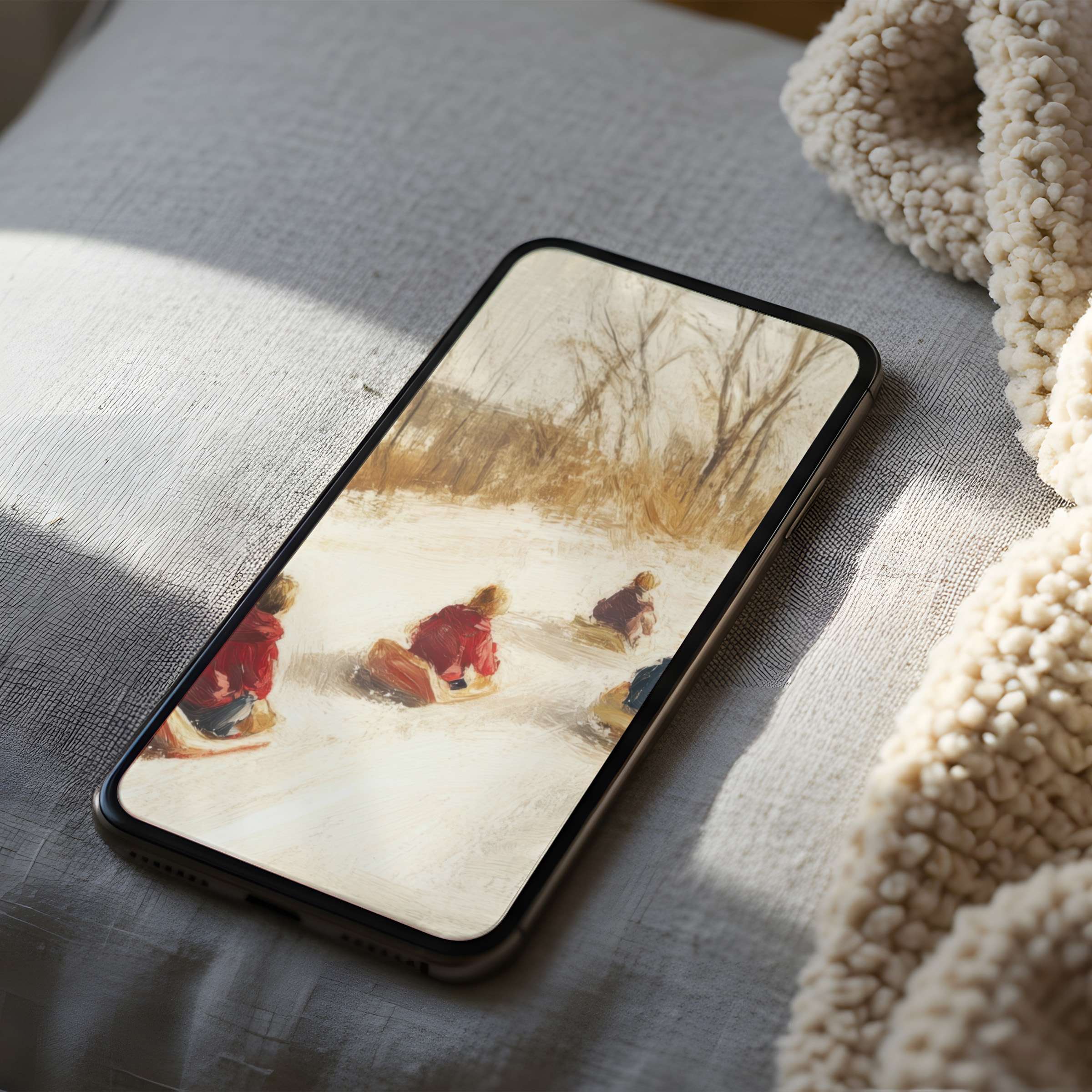 Elegant phone wallpaper of serene winter sledding scene, textured brush strokes, perfect for iPhone, high resolution digital download