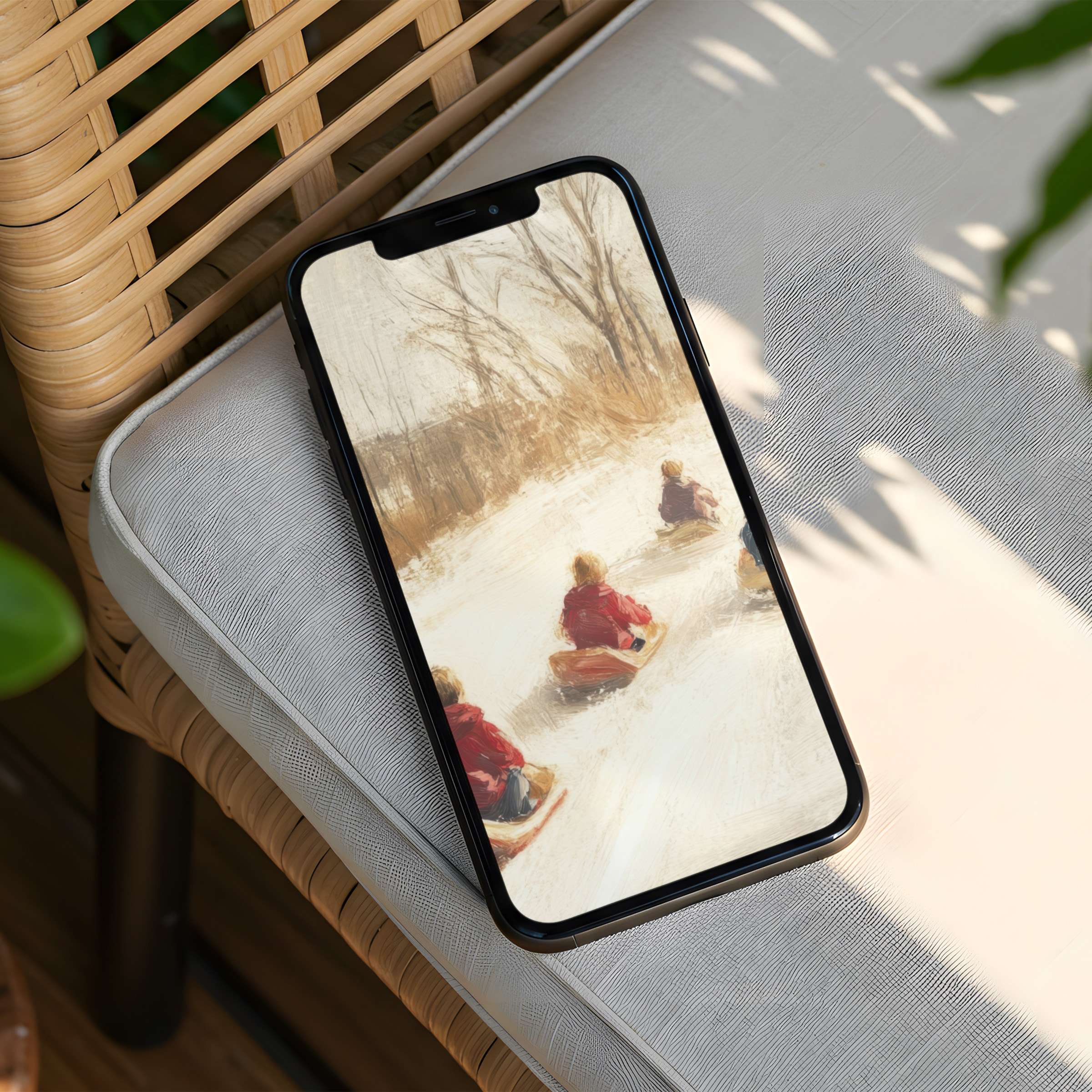 Elegant watercolor scene with children sledding brings calm to your iPhone background; instant download for any phone user