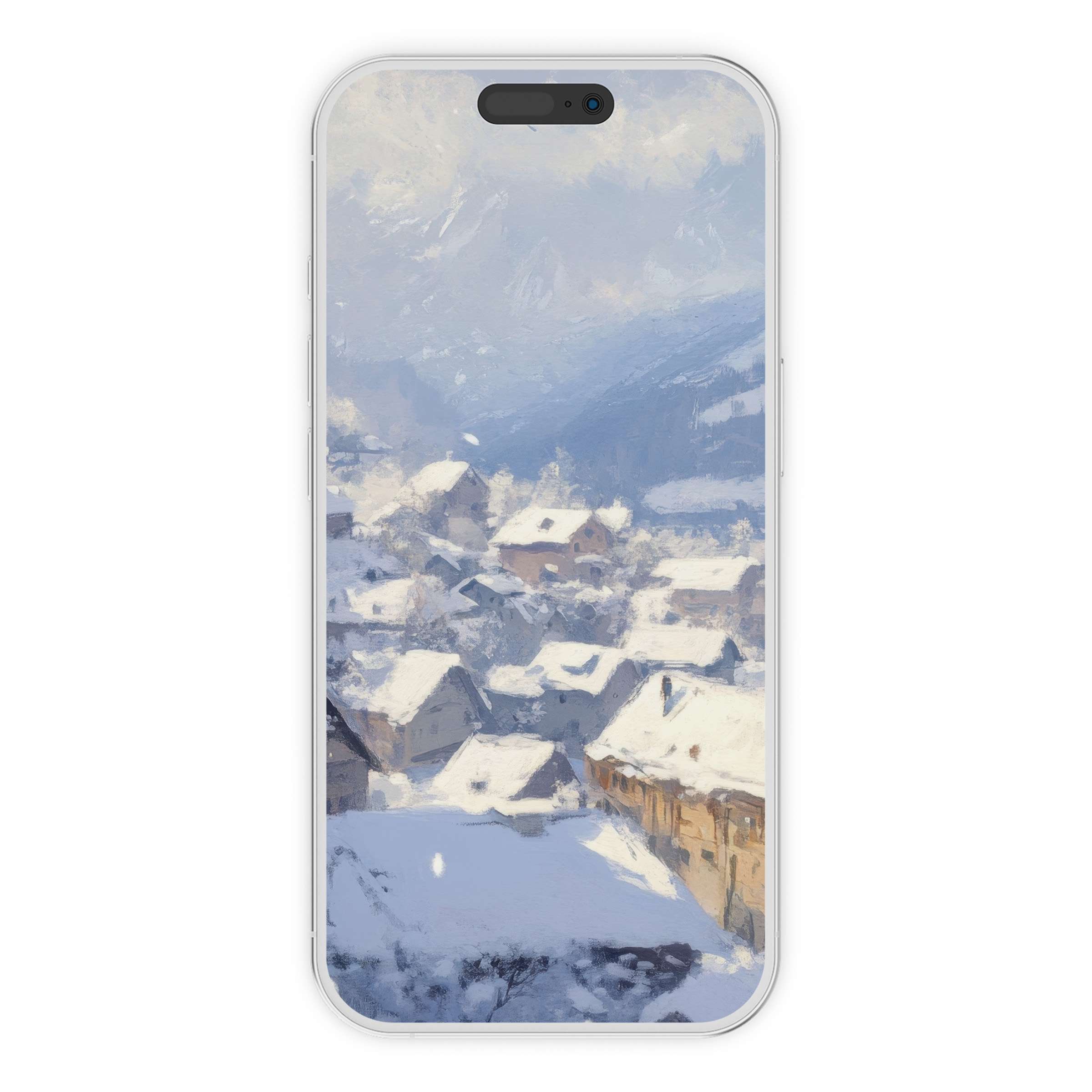 Serene snowy village scene as a winter iPhone wallpaper, perfect phone background for digital download reflecting tranquil elegance