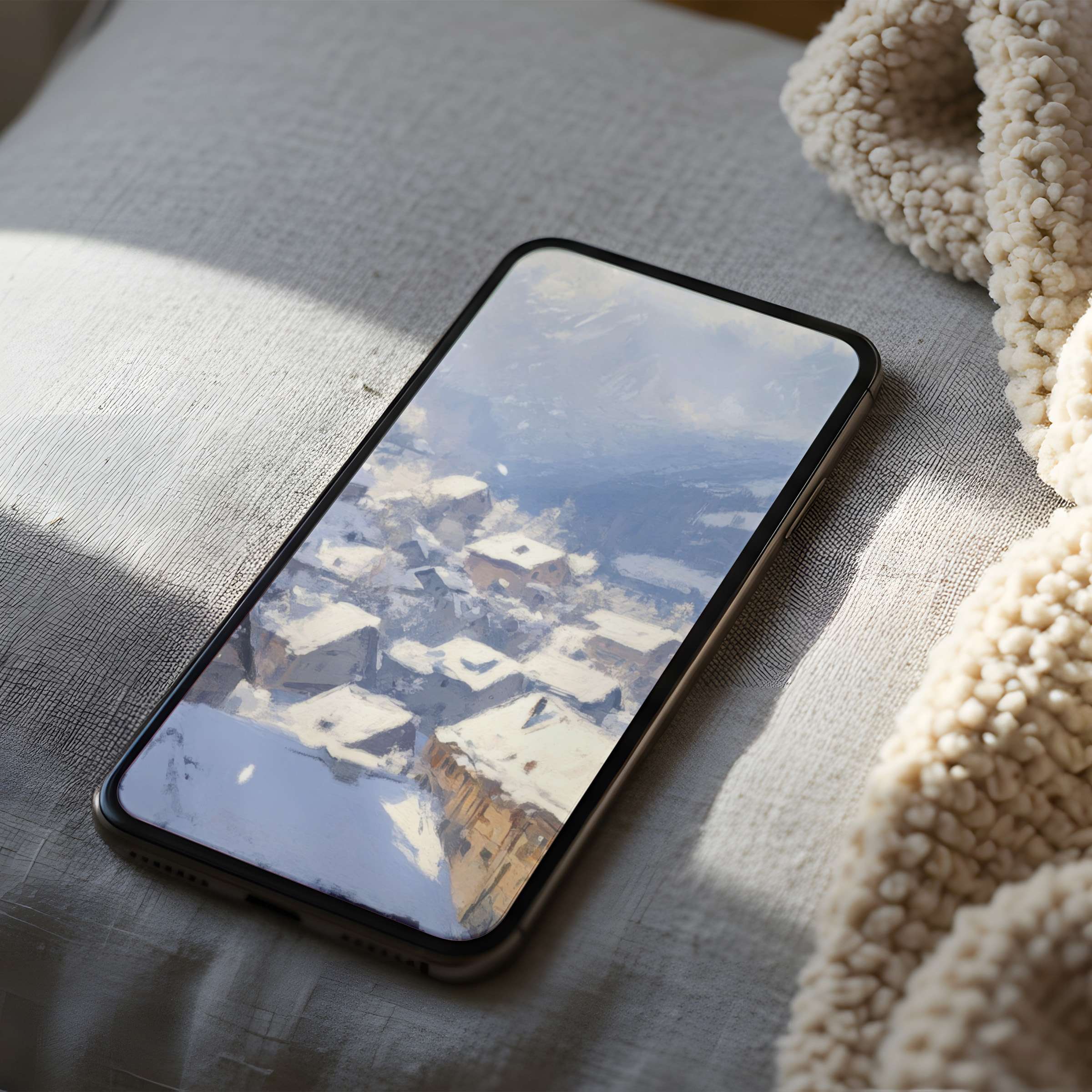 Snowy village scene phone wallpaper evokes serenity with soft hues and artistic brushstrokes perfect for iPhone download