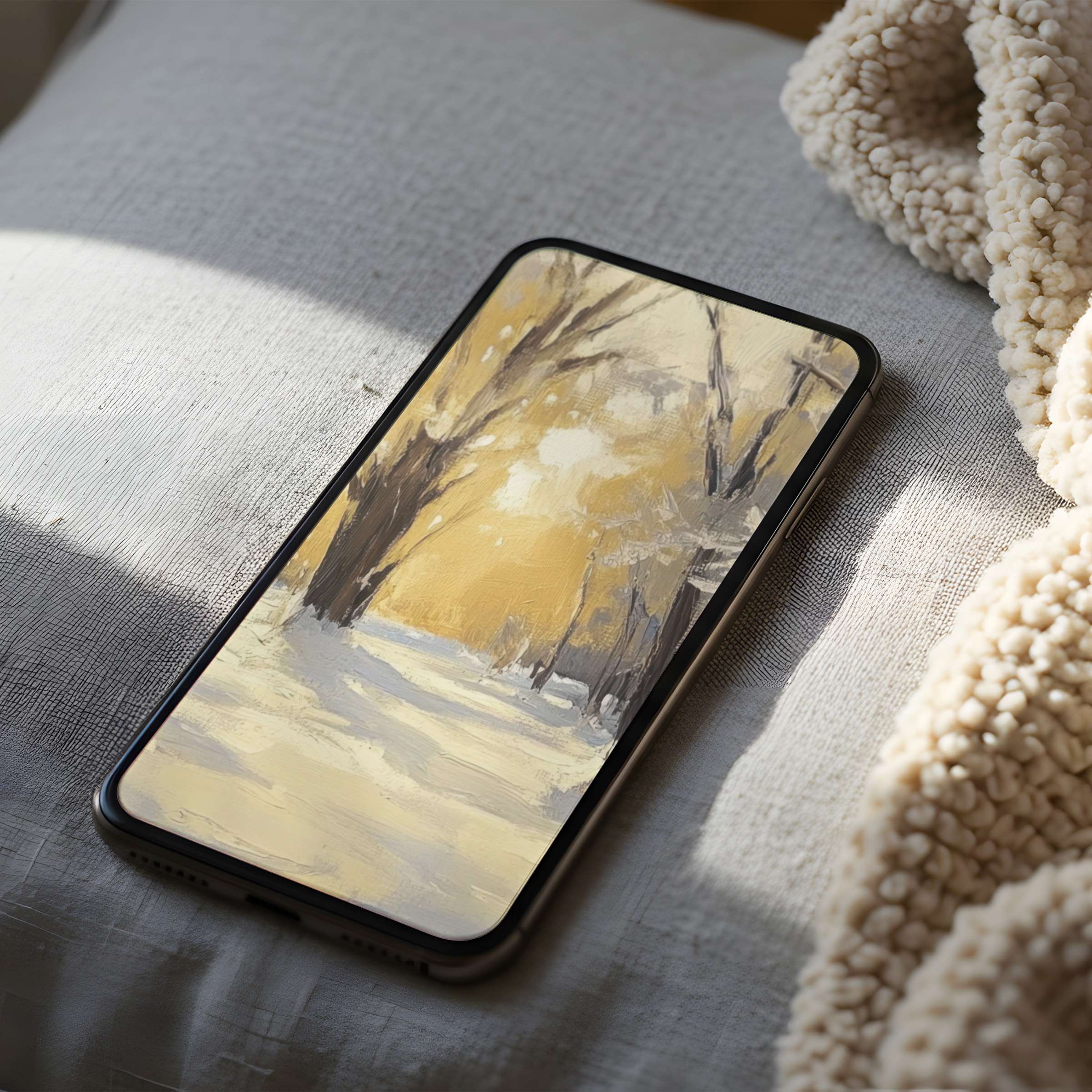 Elegant phone wallpaper featuring a serene, warm-hued winter landscape painting, perfect for iPhone and Android digital download