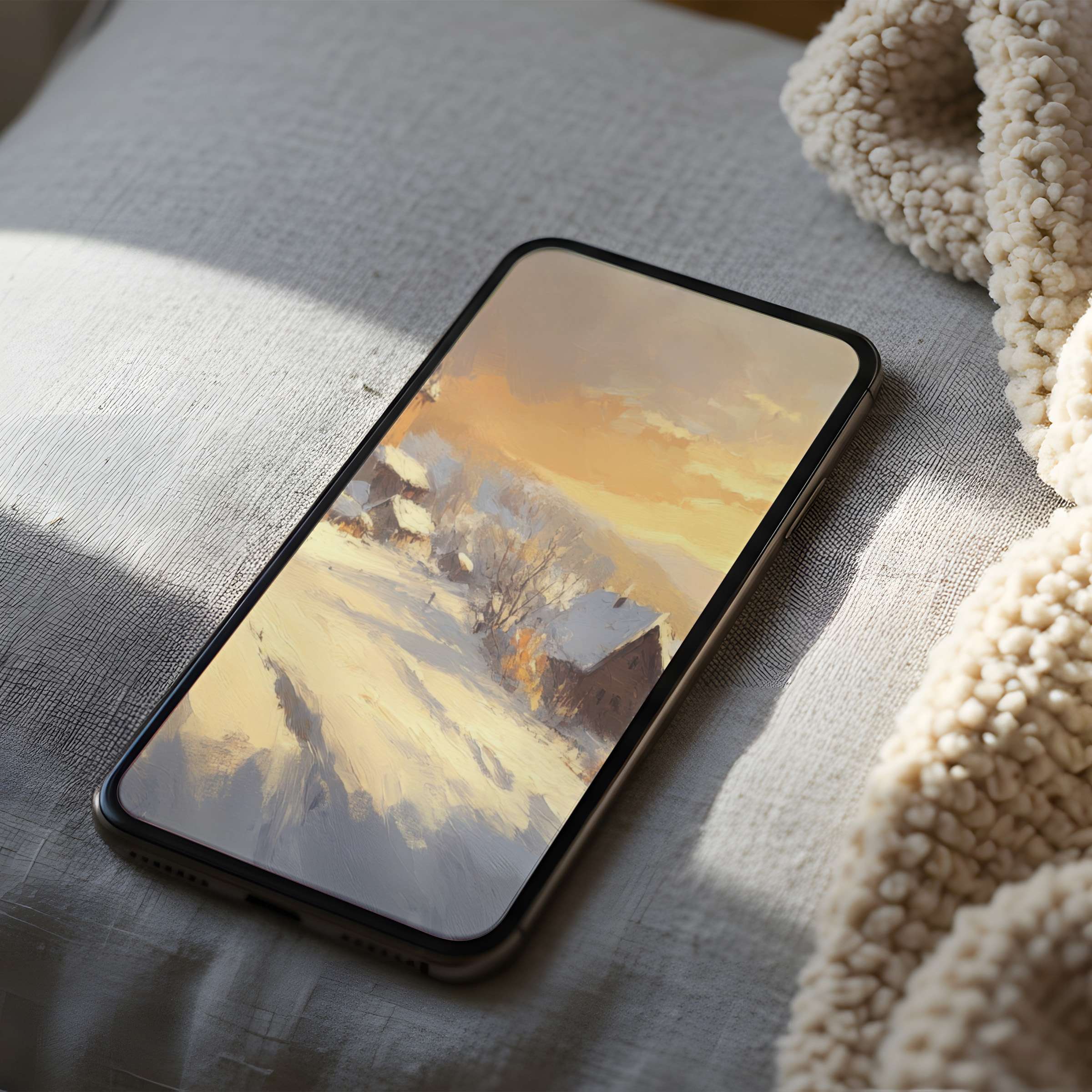 Elegant phone wallpaper features serene winter village scene with soft pastels, perfect for iPhone and Android high-resolution displays