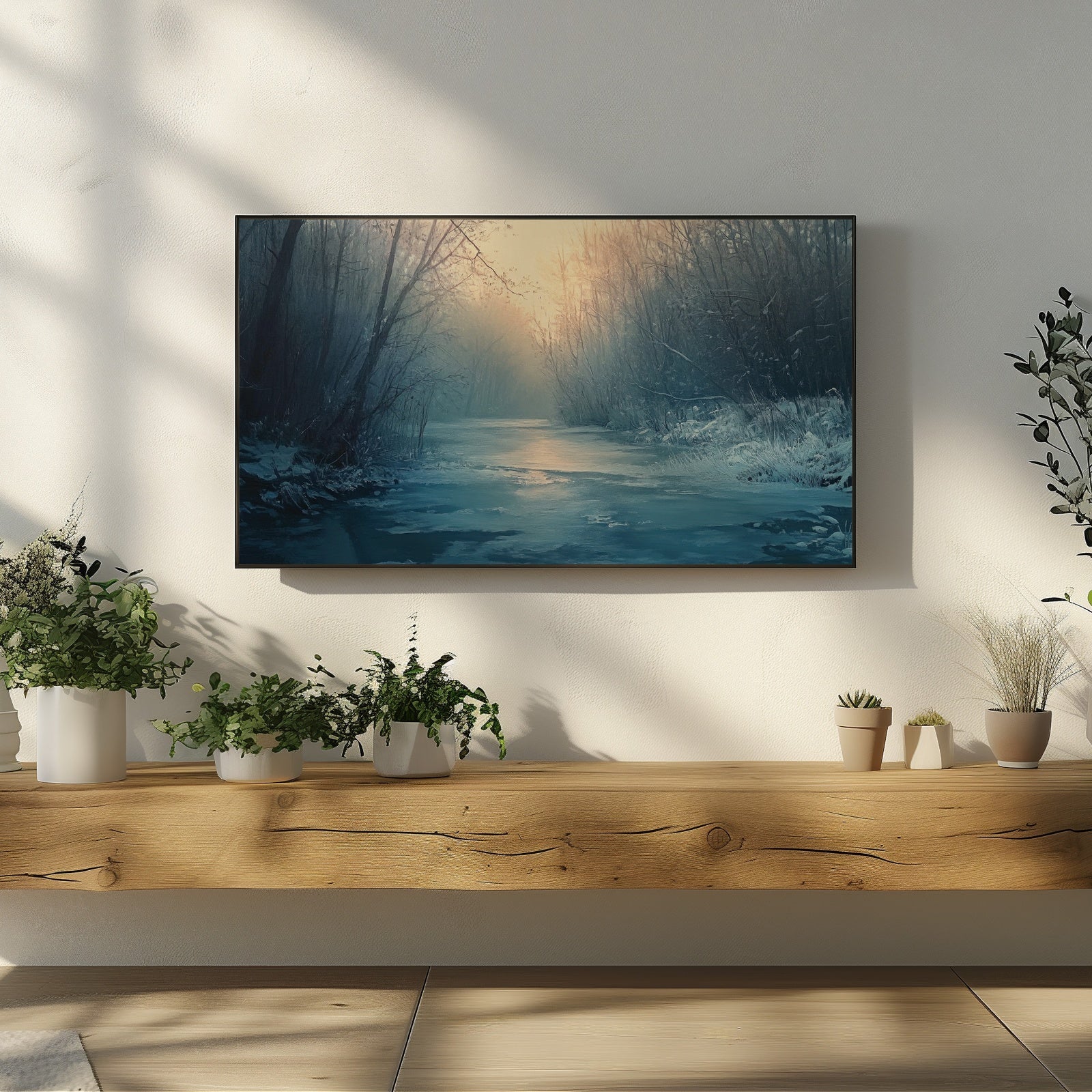 Winter landscape Frame TV art featuring a frozen river surrounded by snowy trees at sunrise, creating a calm and serene atmosphere for modern home decor