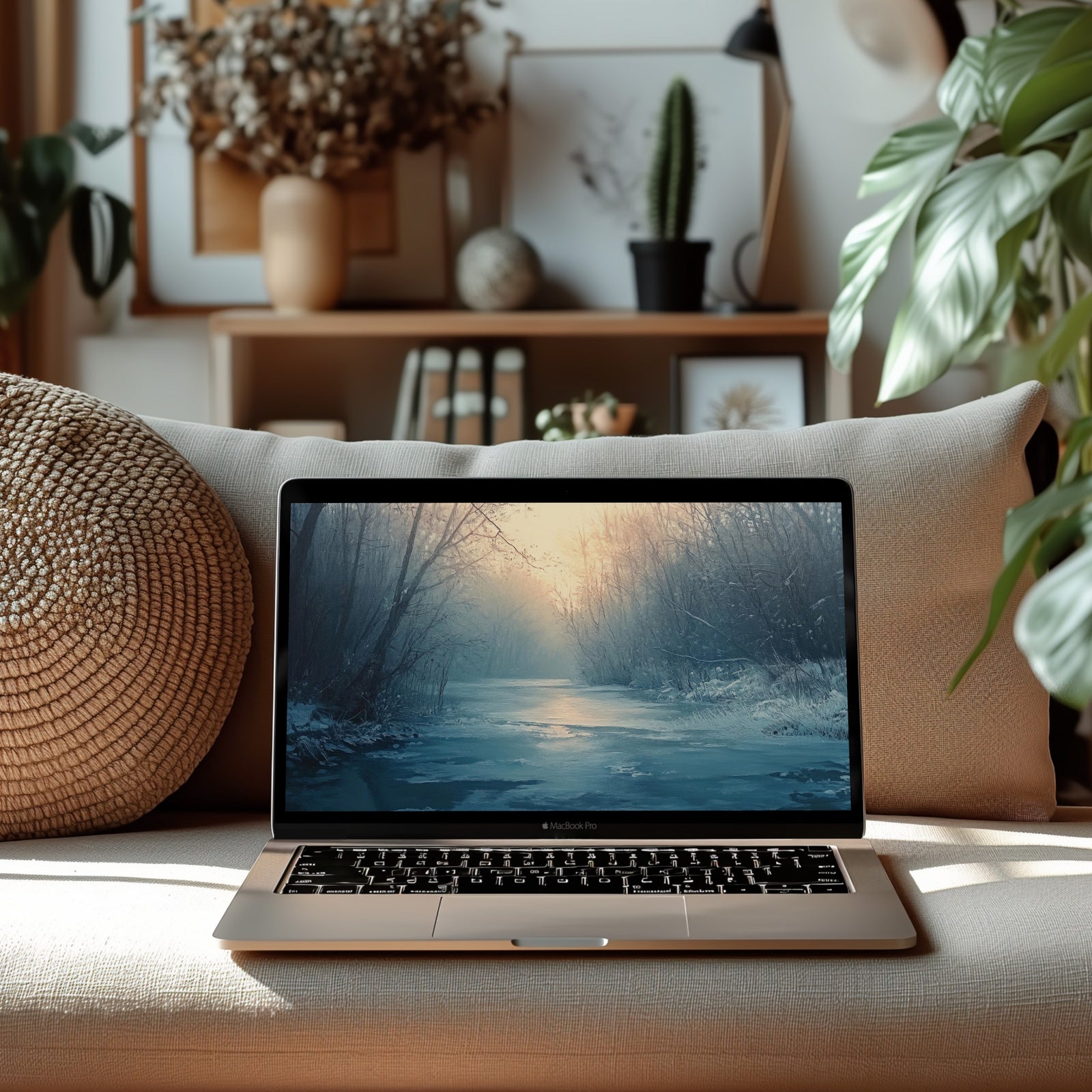 Winter desktop wallpaper featuring a serene frozen river surrounded by bare trees at sunrise. A tranquil and artistic digital background that brings calm, focus, and seasonal elegance to your workspace