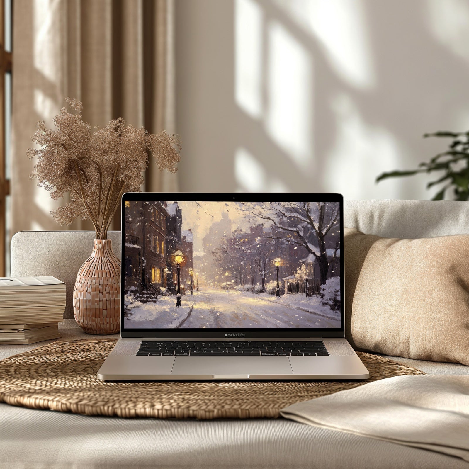Winter desktop wallpaper featuring a snowy city street with glowing street lamps, soft falling snow, and warm evening light displayed on a MacBook in a cozy neutral living room setting