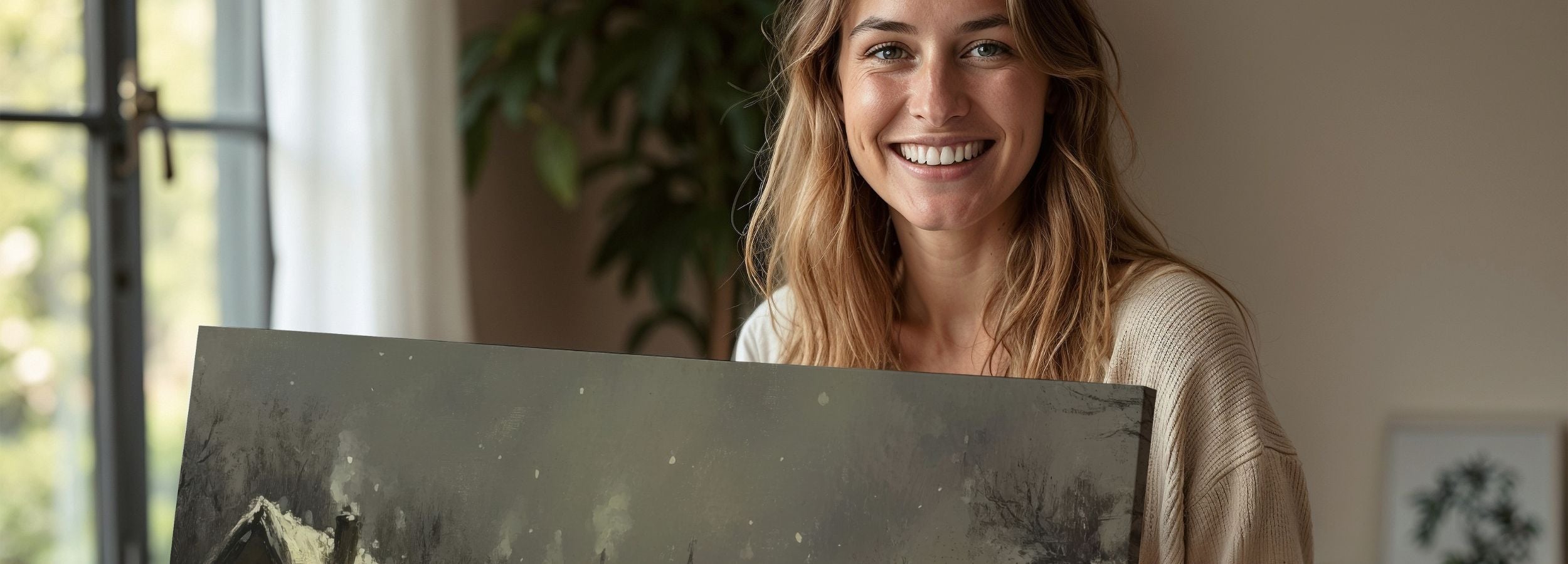 A cozy winter village scene with snow-covered houses, glowing warm lights, and a softly falling snowfall - printable winter wall art held by a smiling woman in a calm, natural home setting