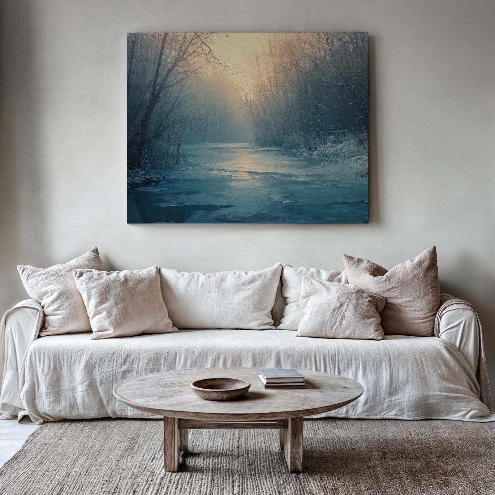Winter landscape digital art print featuring a frozen river, soft sunrise light, and snow-covered trees - calming winter wall art for cozy, modern home décor
