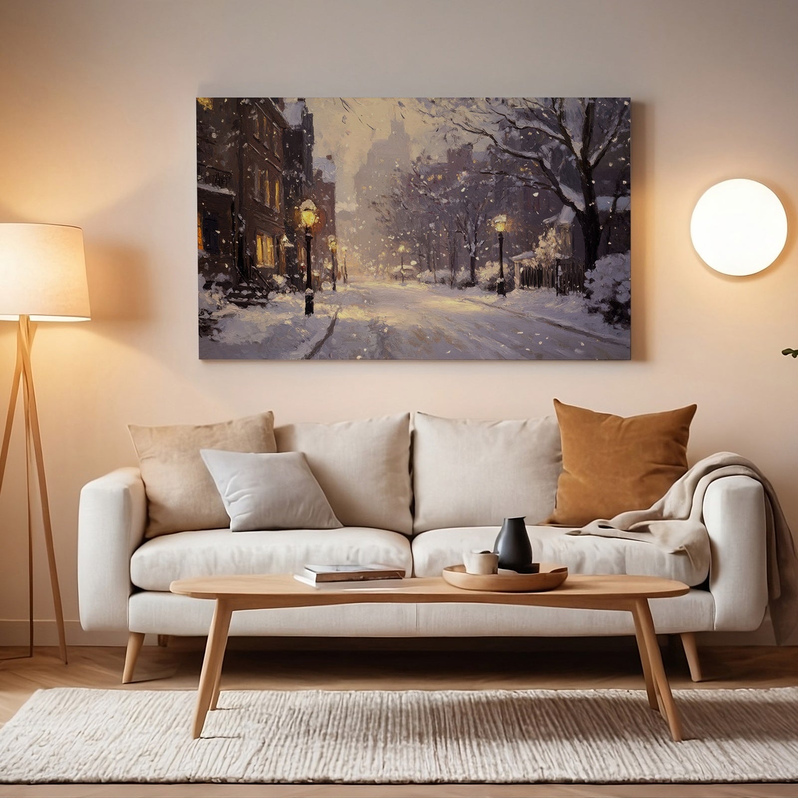 Cozy living room with neutral decor featuring a large framed digital art print of a snowy city street at night illuminated by warm streetlights, creating a peaceful winter ambiance