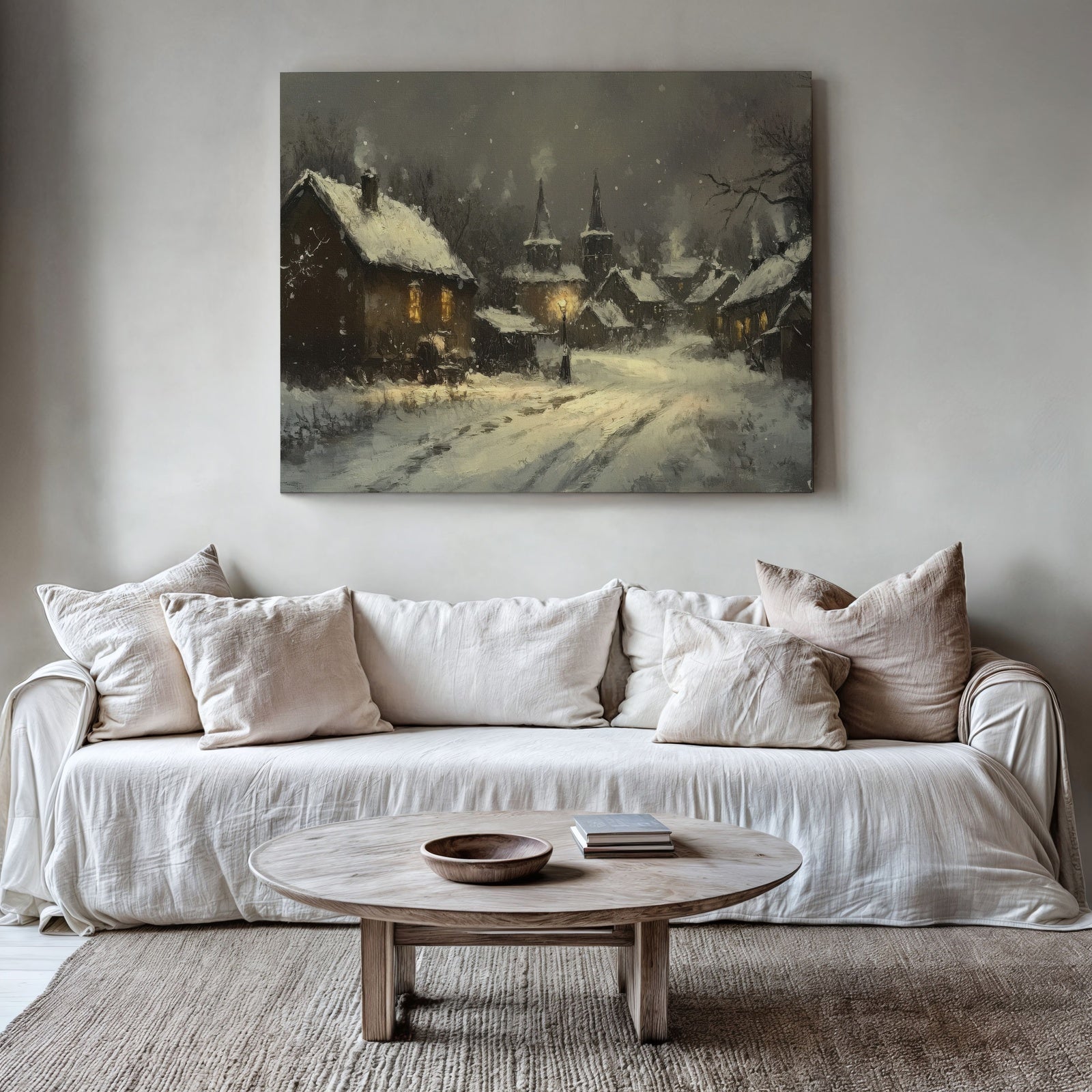 Winter downloadable wall art featuring a snowy village scene with warmly lit cottages and church towers, displayed above a neutral-toned sofa in a cozy modern living room