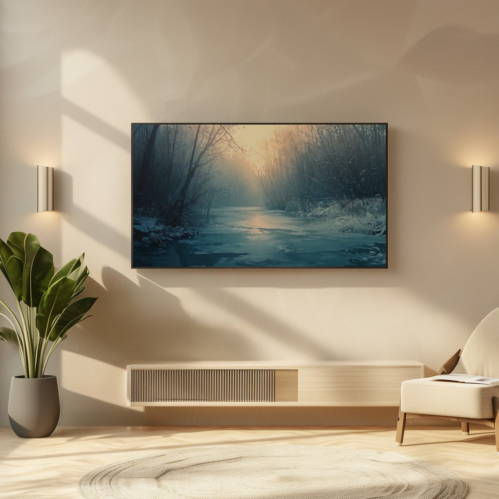 Frozen River Winter Frame TV Art in Modern Living Room