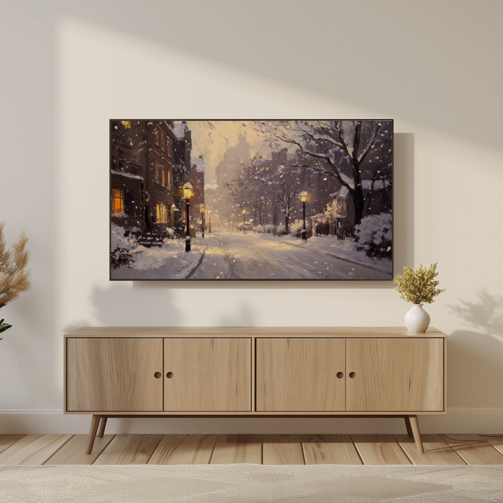 Winter Frame TV Art in Minimalist Living Room