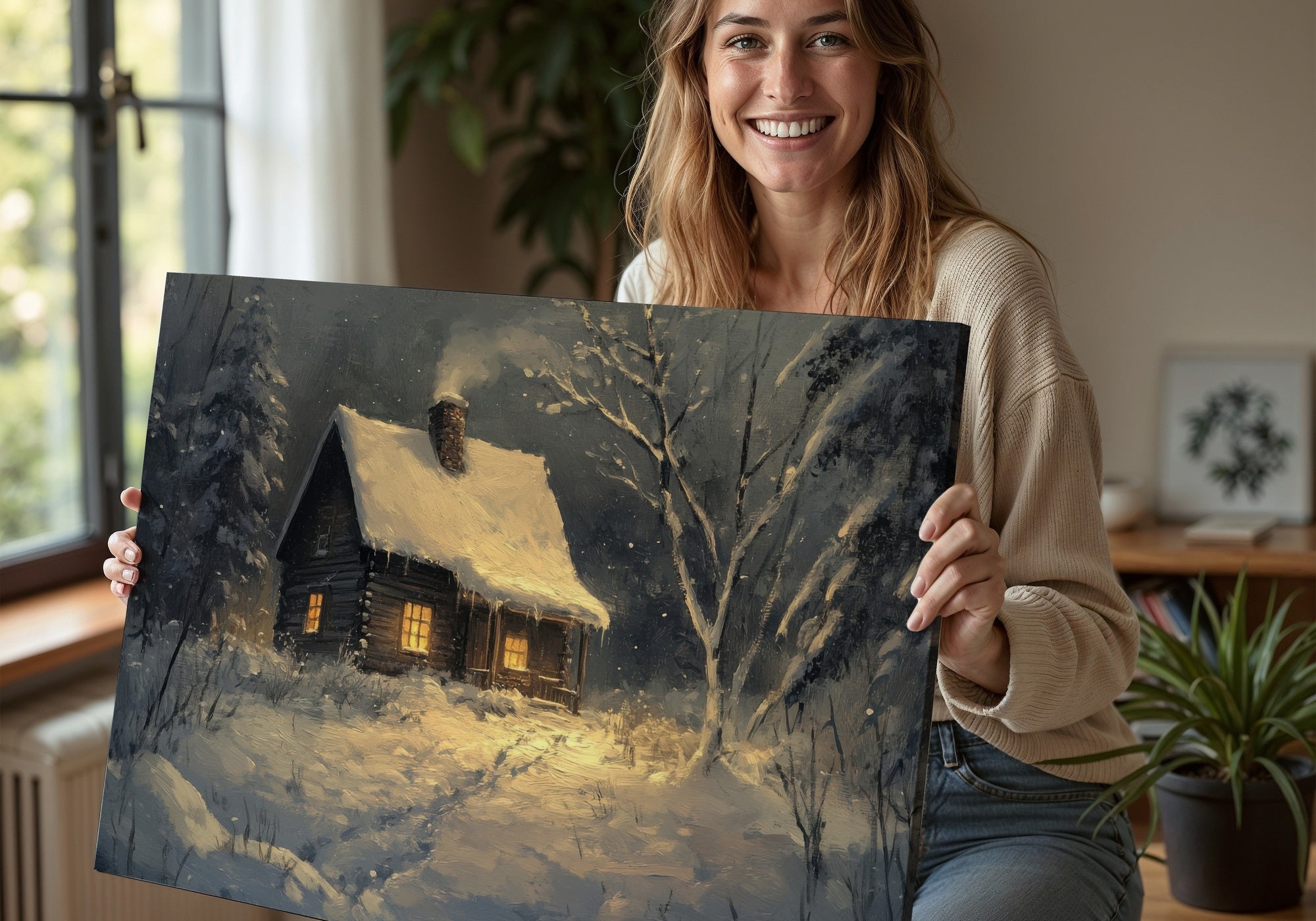 A smiling woman holding a digital art print of a cozy wooden cabin glowing warmly in a snowy winter landscape. The painting’s soft light and painterly texture evoke a peaceful, magical atmosphere, perfect for winter-themed home decor