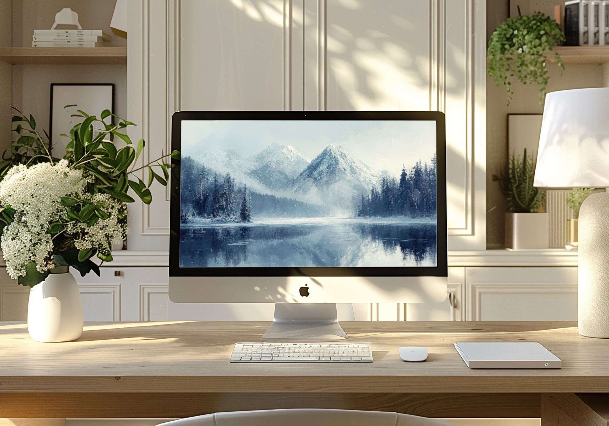 Winter desktop wallpaper featuring a serene snow-covered mountain range reflected in a still lake - a peaceful digital art scene that brings calm, elegance, and seasonal beauty to your workspace