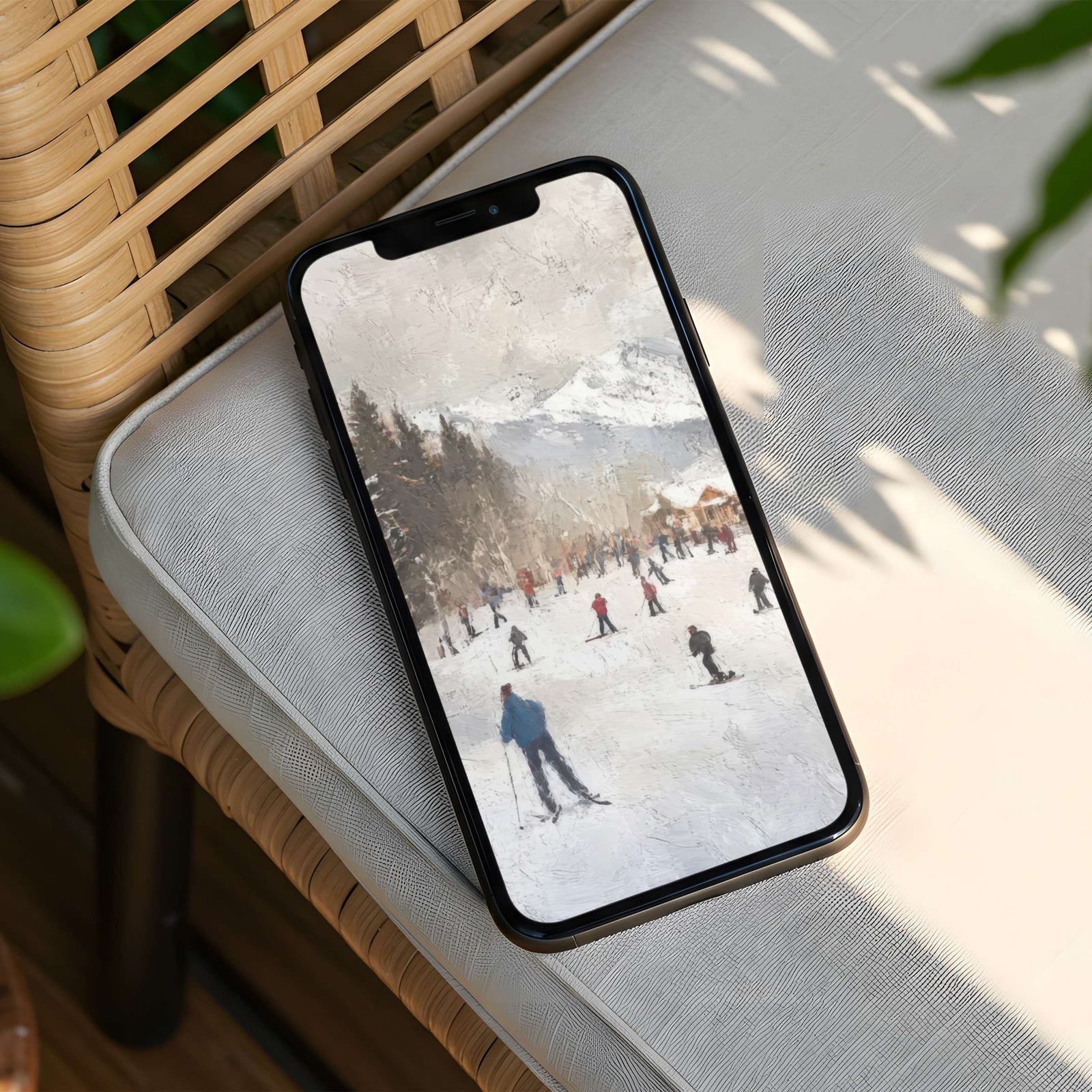 Cozy winter iPhone background featuring a snowy ski resort scene with skiers and soft mountain light, creating a warm, nostalgic, and seasonal alpine atmosphere.