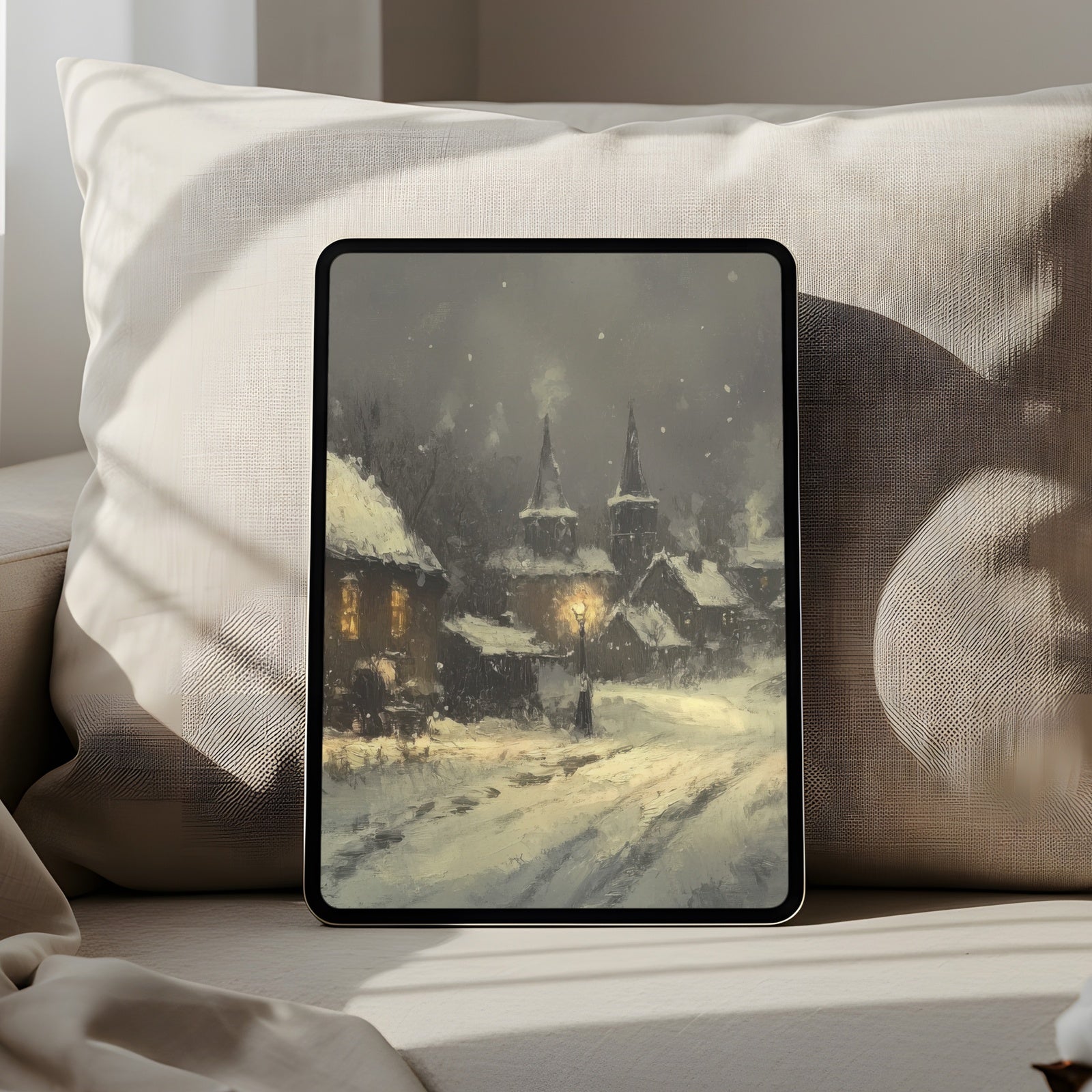 Cozy iPad wallpaper featuring a snowy winter village at night with glowing lights and soft snowfall, creating a warm and peaceful digital ambiance